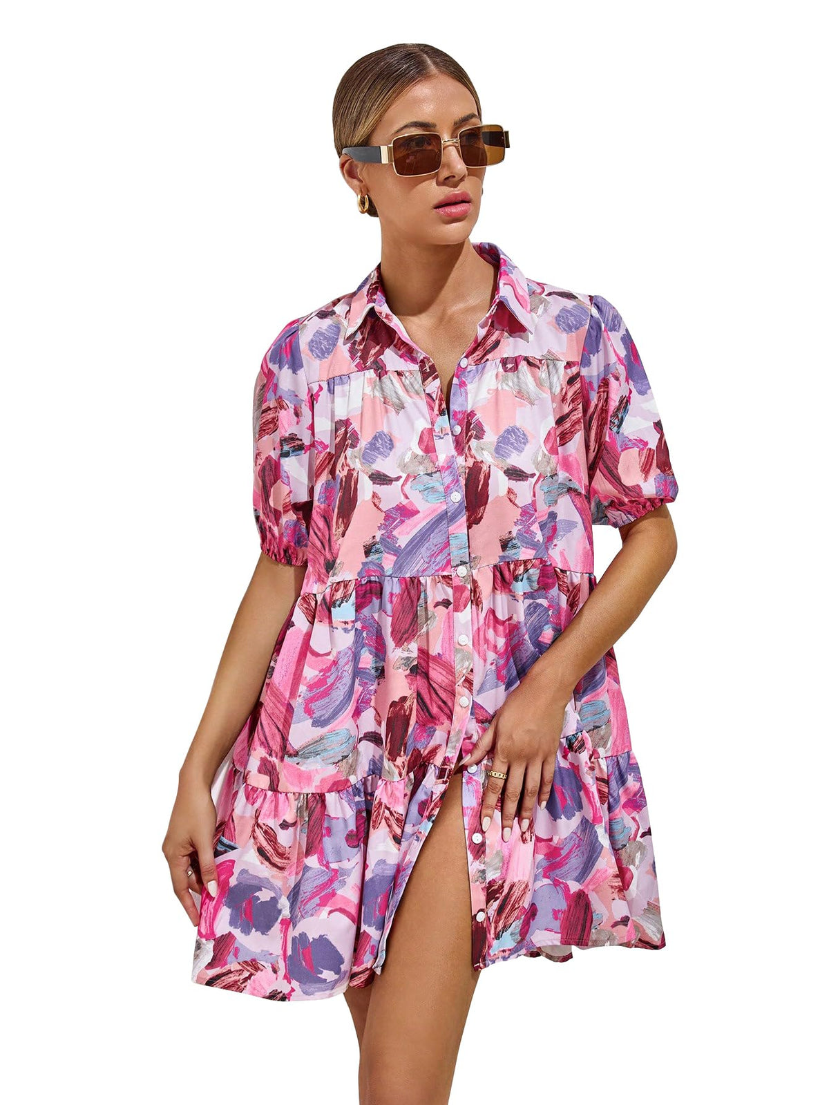Shasmi WomenS Purple Flower Print Short Sleeve Button Front All-Over Printed Dresses, Ruffle Hem Smock Dress For Woman (161 Dre