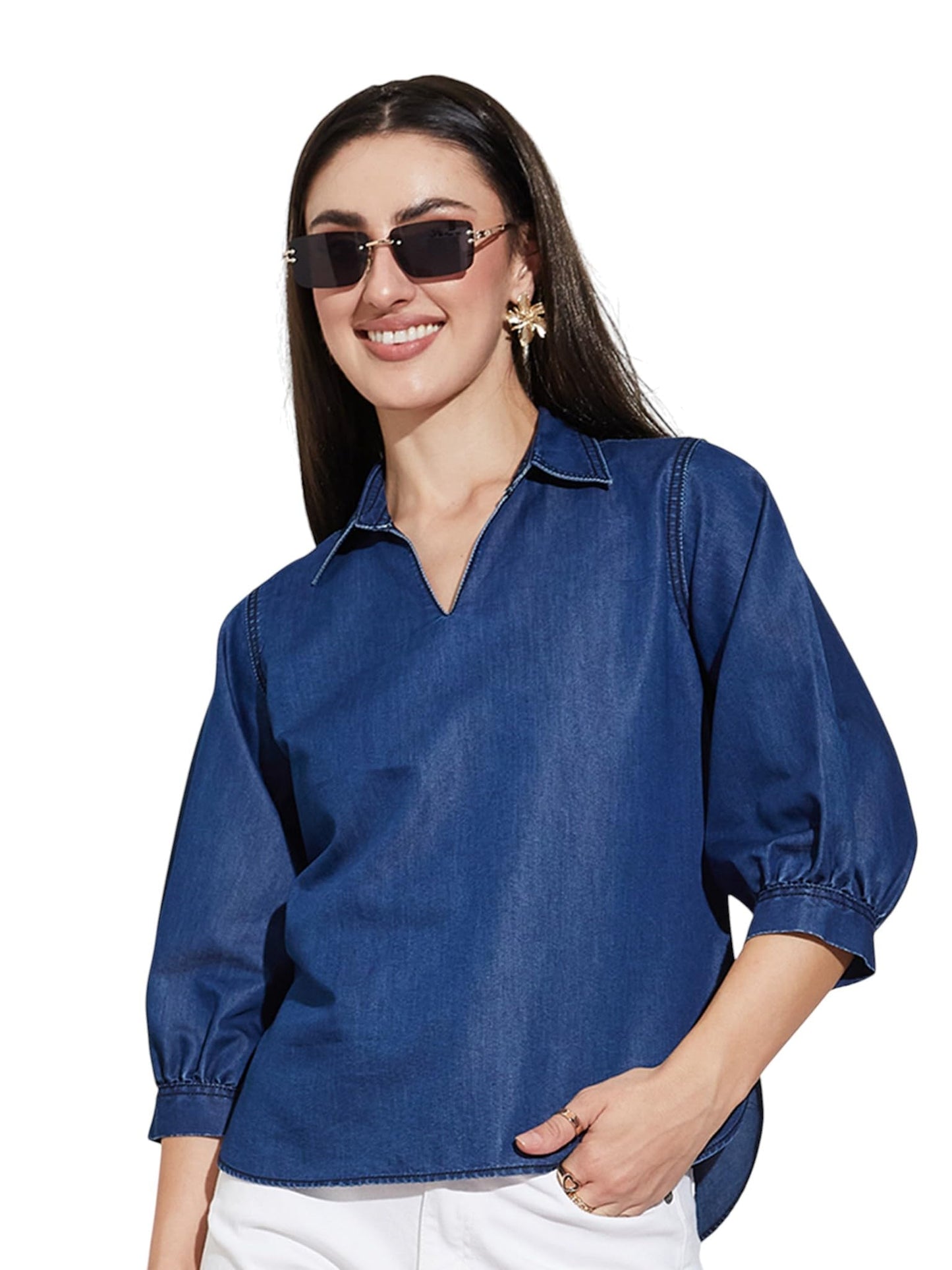 Miss Chase Womens Collar-Neck Puff-Sleeve Solid-Colored Light Weight Denim Tunic Top (Mcaw25Den62-80-389-06, Slate Blue, Xl)