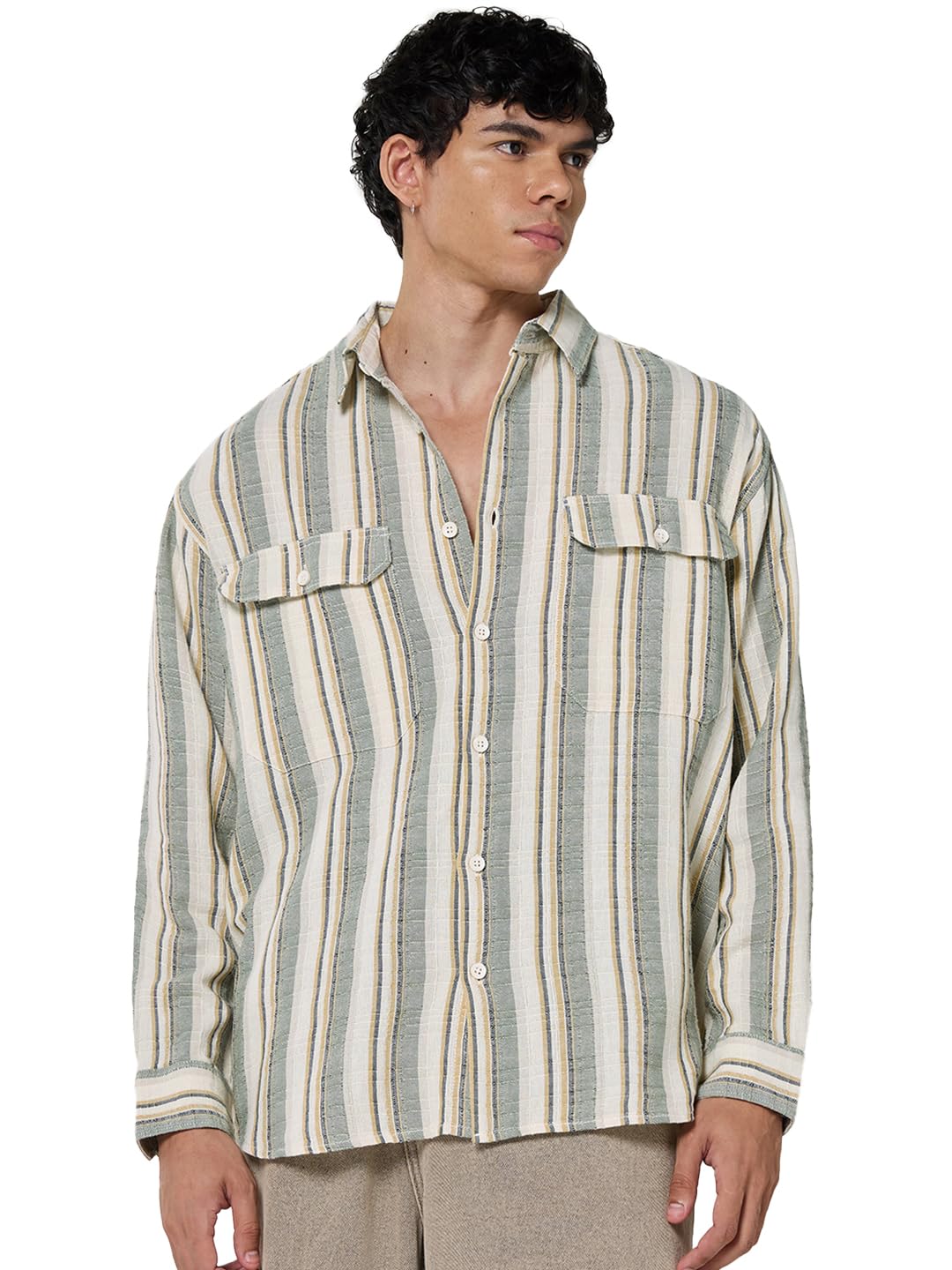 Bewakoof Mens Striped Oversized Fit Full Sleeve Collar Cotton Shirt_677848_Grey_XL