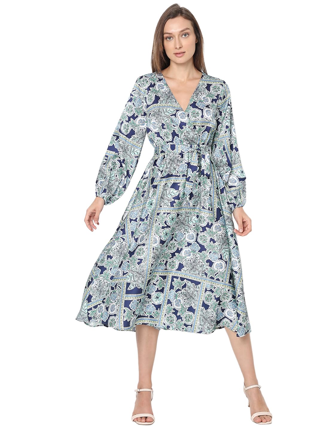 Vero Moda Blue Printed Satin Midi Dress