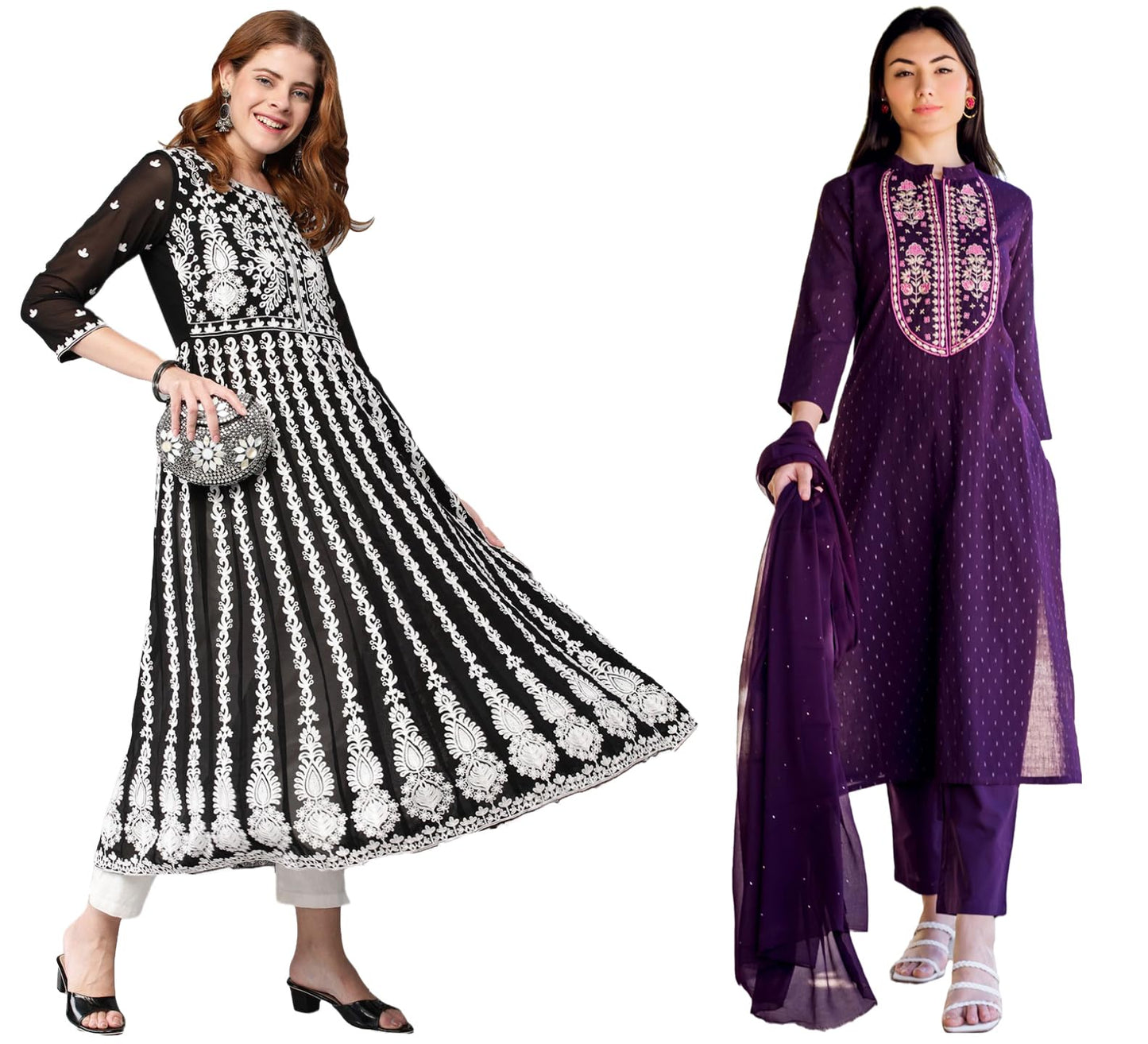 Anni Designer WomenS Cotton Blend Embroidered Straight Kurti Pant Dupatta Set Combo Pack Of 2 (Raji Begani & Kari Black_2108_Mul