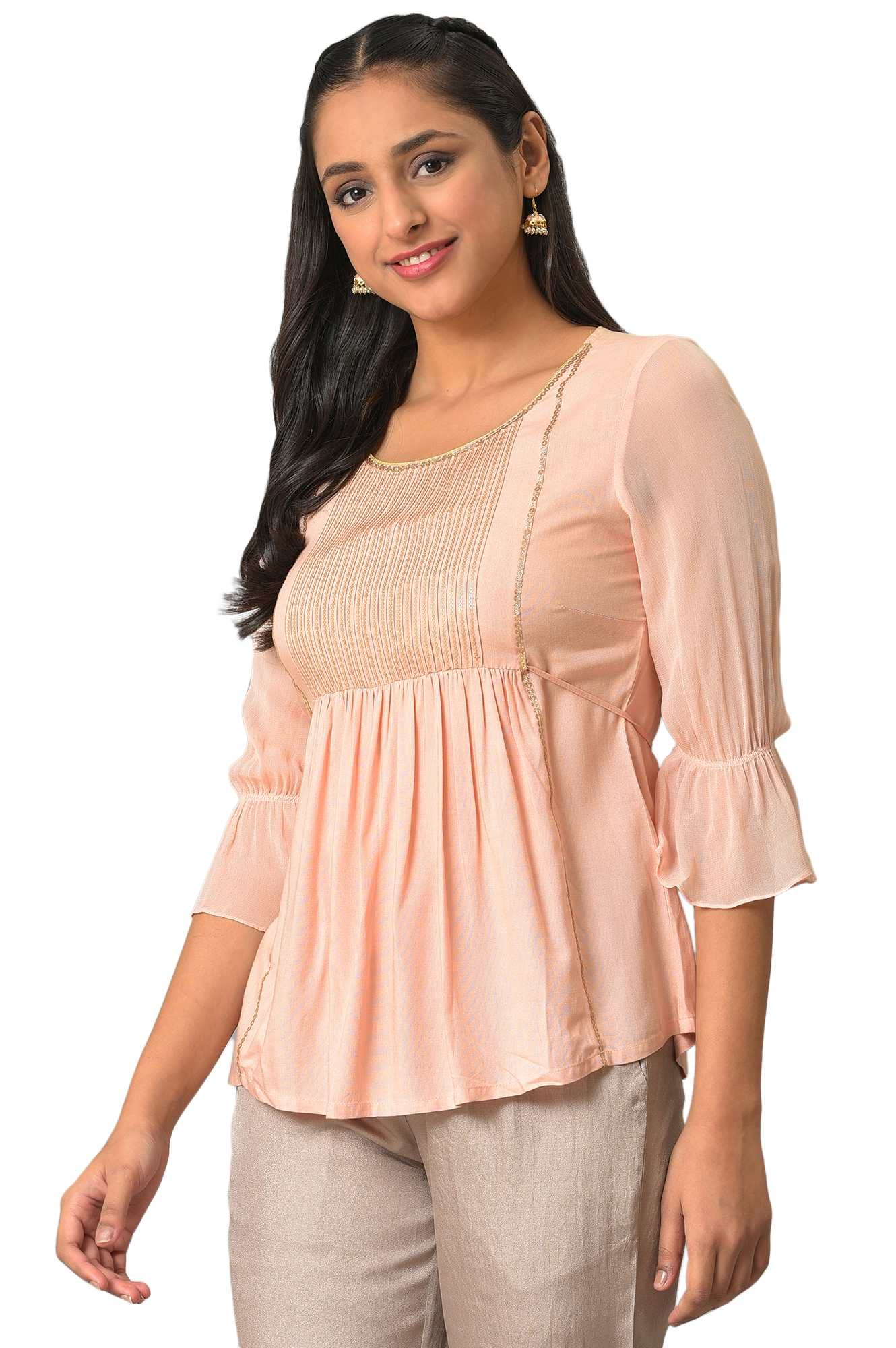 Aurelia WomenS Rayon Solid Regular Peach A-Line Sequined Kurti (23Fea30340-605308