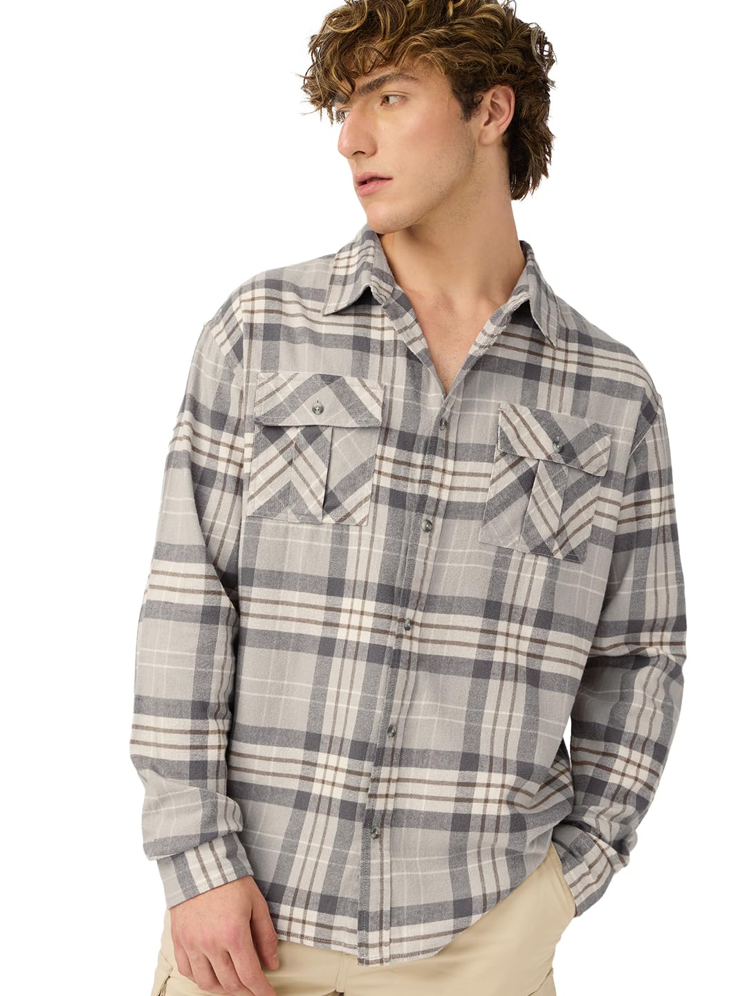 The Souled Store Plaid Shirt: Storm Men and Boys Long Sleeves Collared Neck Button Front Grey Cotton Regular Fit Utility Shirts