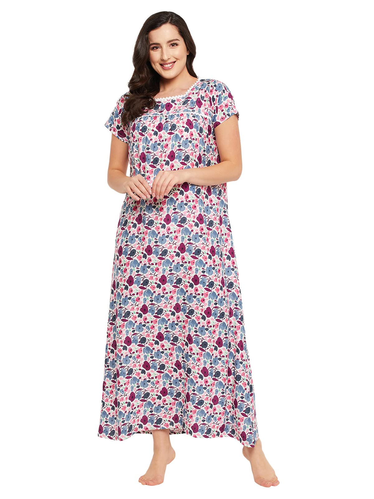 Clovia Womens Rayon Pretty Florals Long Nighty (NS1211P19_White_XL)