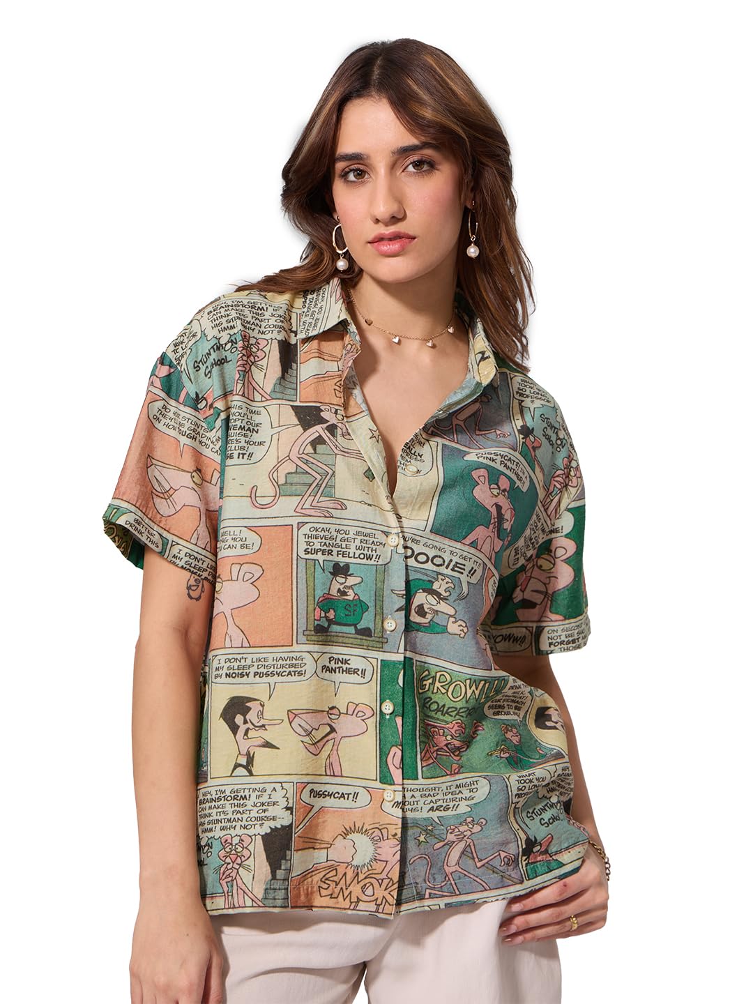 The Souled Store Pink Panther: Comics Women and Girls Short Sleeves Collared Neck Button Front Multicolour All Over Printed Visc