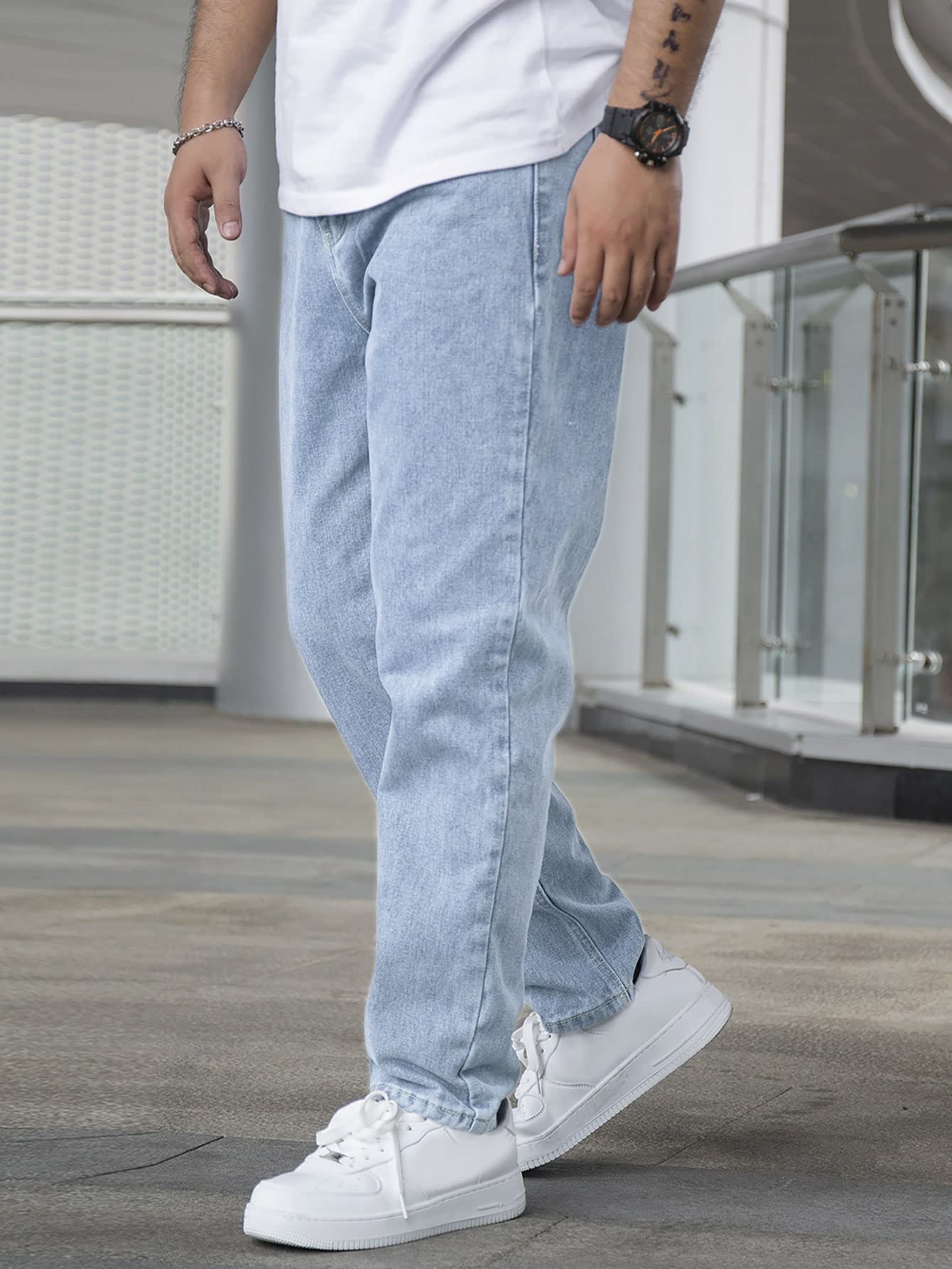 AVANOVA Mens Light Blue Slant Pocket Wide Leg Jeans Casual Loose Fit Denim Pants, Cotton Blend Trousers with Slant Pockets for