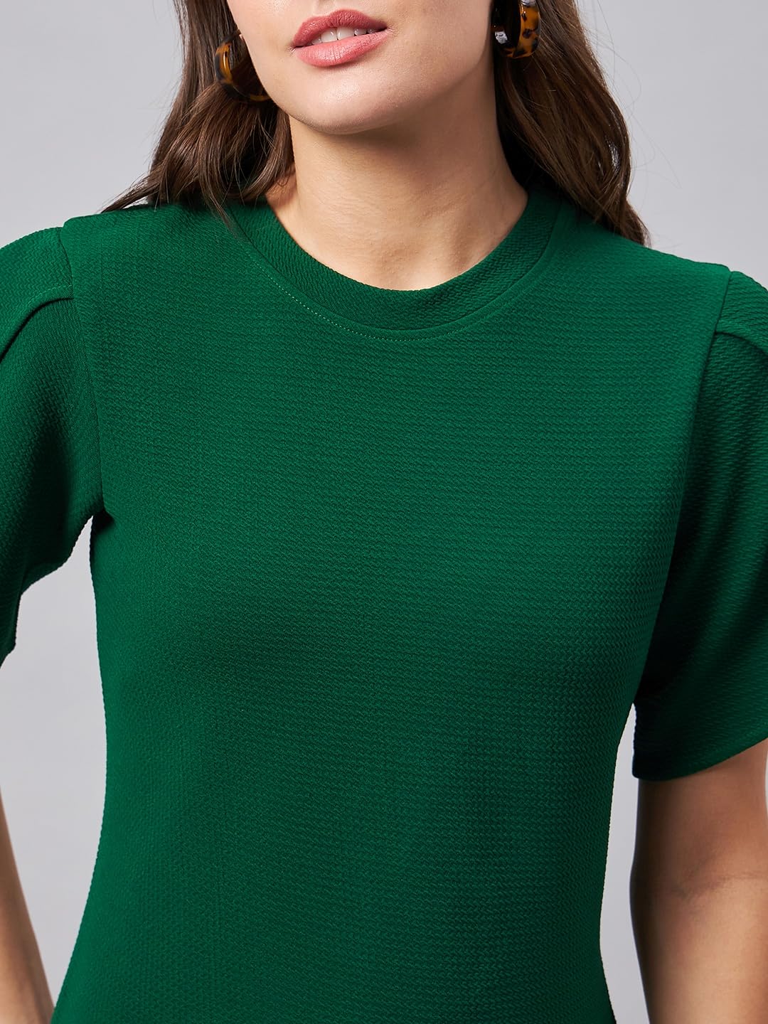 Style Quotient Women Solid Emerald Green Poly Knit Smart Casual Regular Top