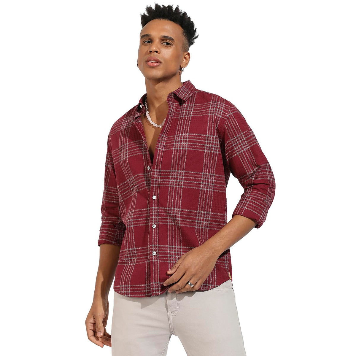 Campus Sutra Mens Regular Fit Shirt (CBSSSM23_CSMSSRT5709_Maroon Red