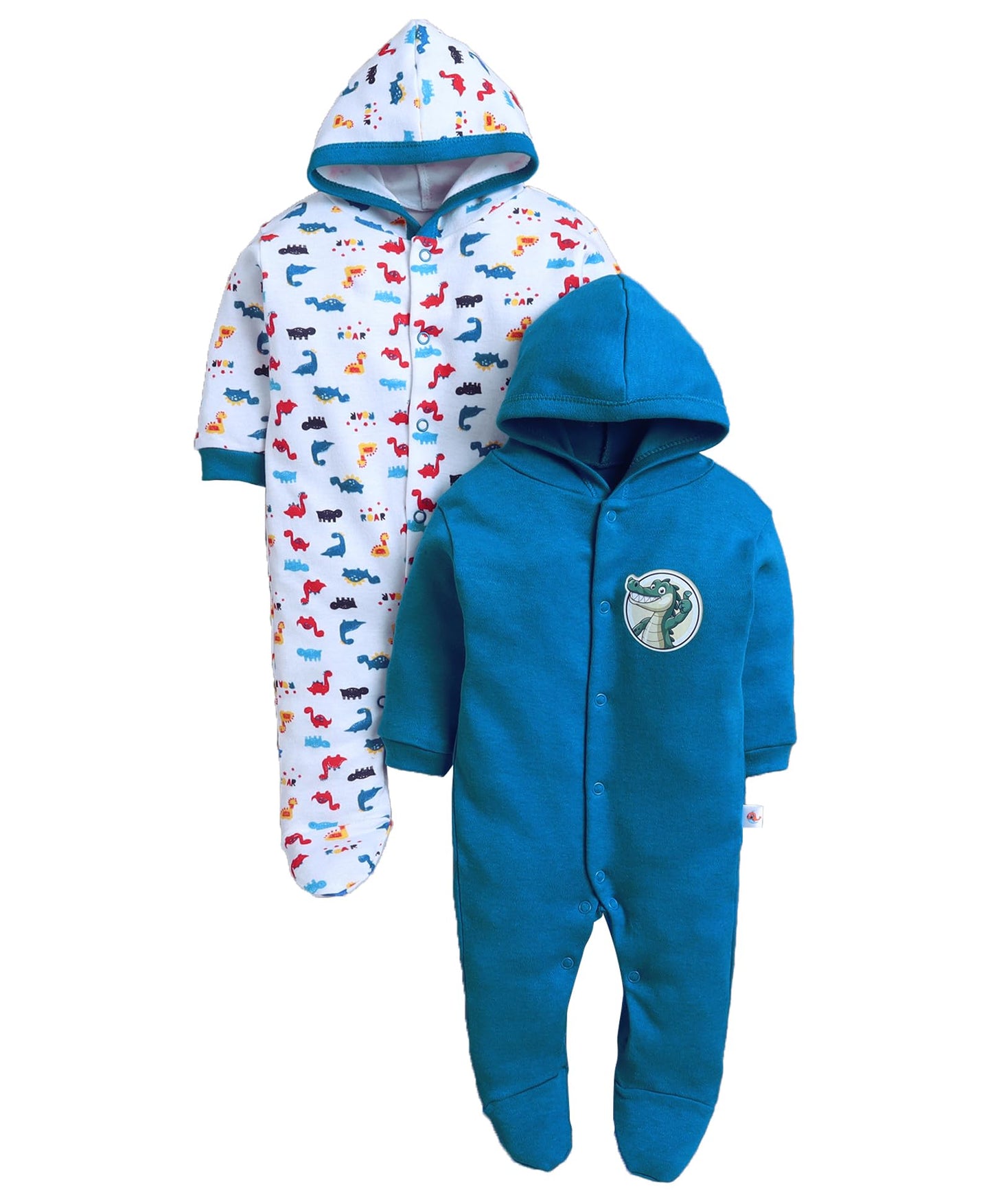 Bumzee Baby Boys Cotton Full Sleeves Pack Of 2 Hooded Sleepsuit Royal Blue & White - New Born (Peb11021A-Rbl)