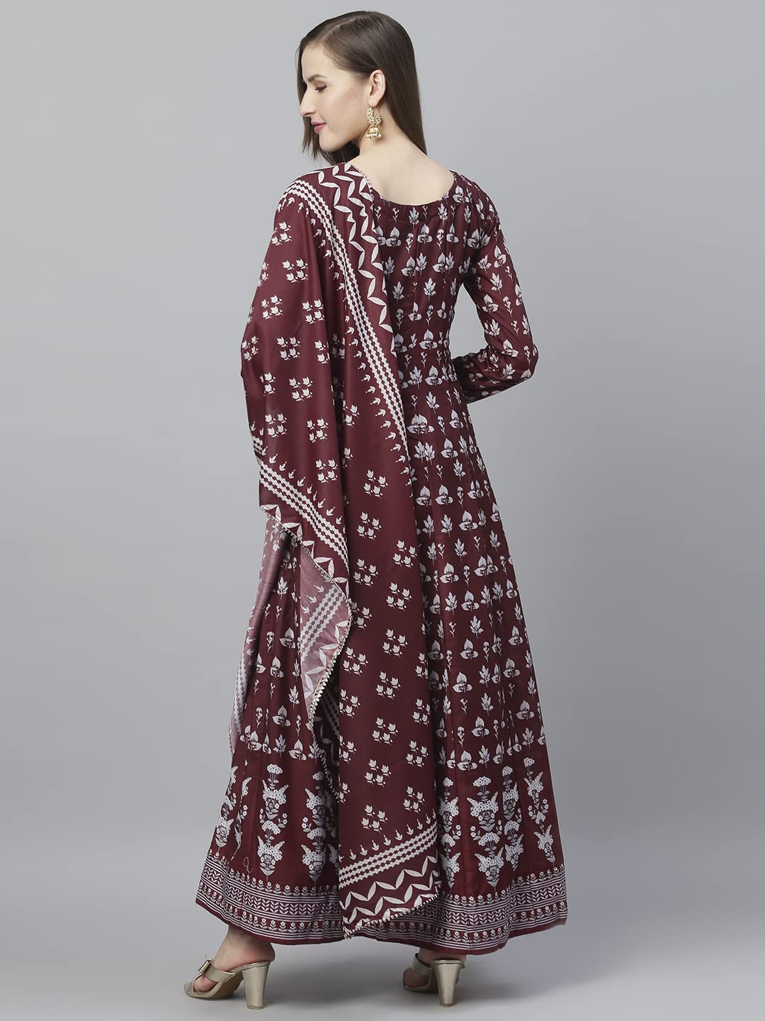 ishin Women's Viscose Rayon Printed Jewel Neck Anarkali Kurta Set with Dupatta