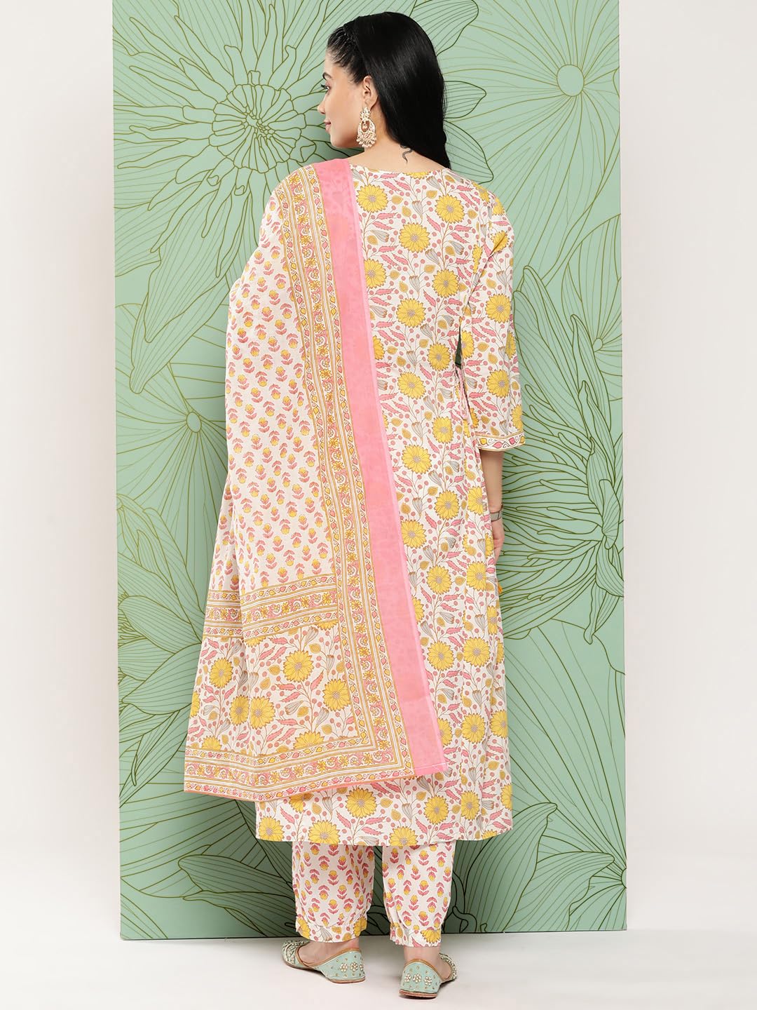 ishin Women's Pure Cotton Printed Yellow A-Line Kurta Suit Set with Pants