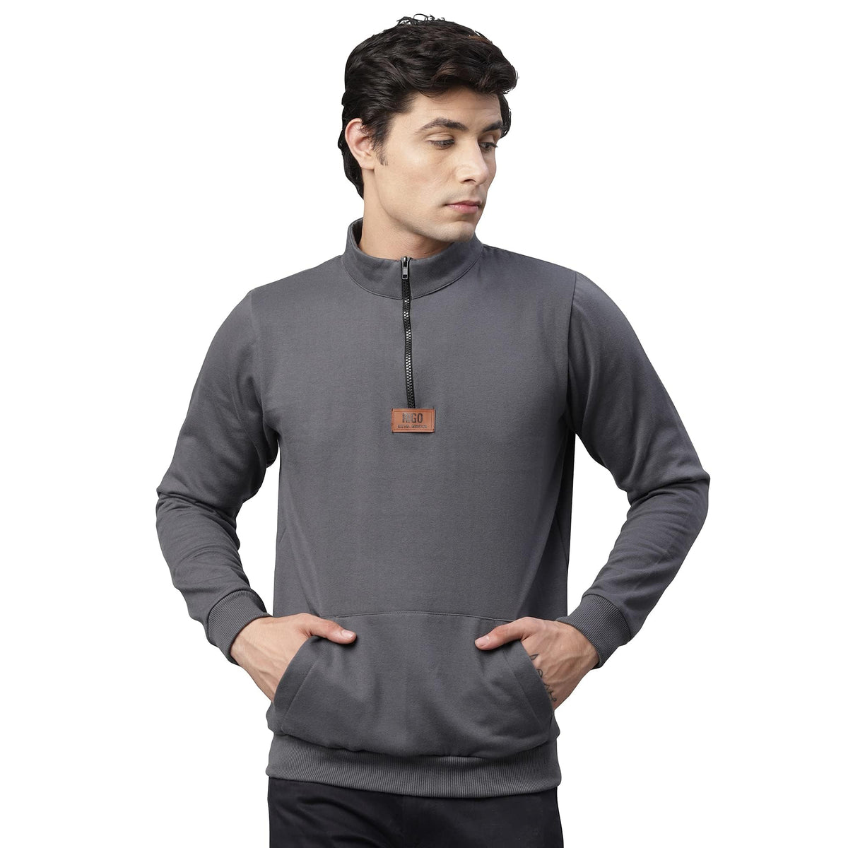 Rigo Mens Dark Grey Solid Full Sleeves High Neck Half-Zip Stand Collar Cotton Fleece Sweatshirt