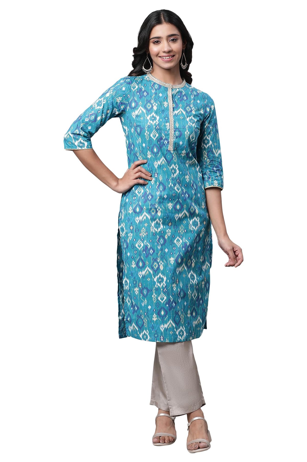 Aurelia WomenS Geometric Printed Printed Straight Long Blue Cotton Kurta