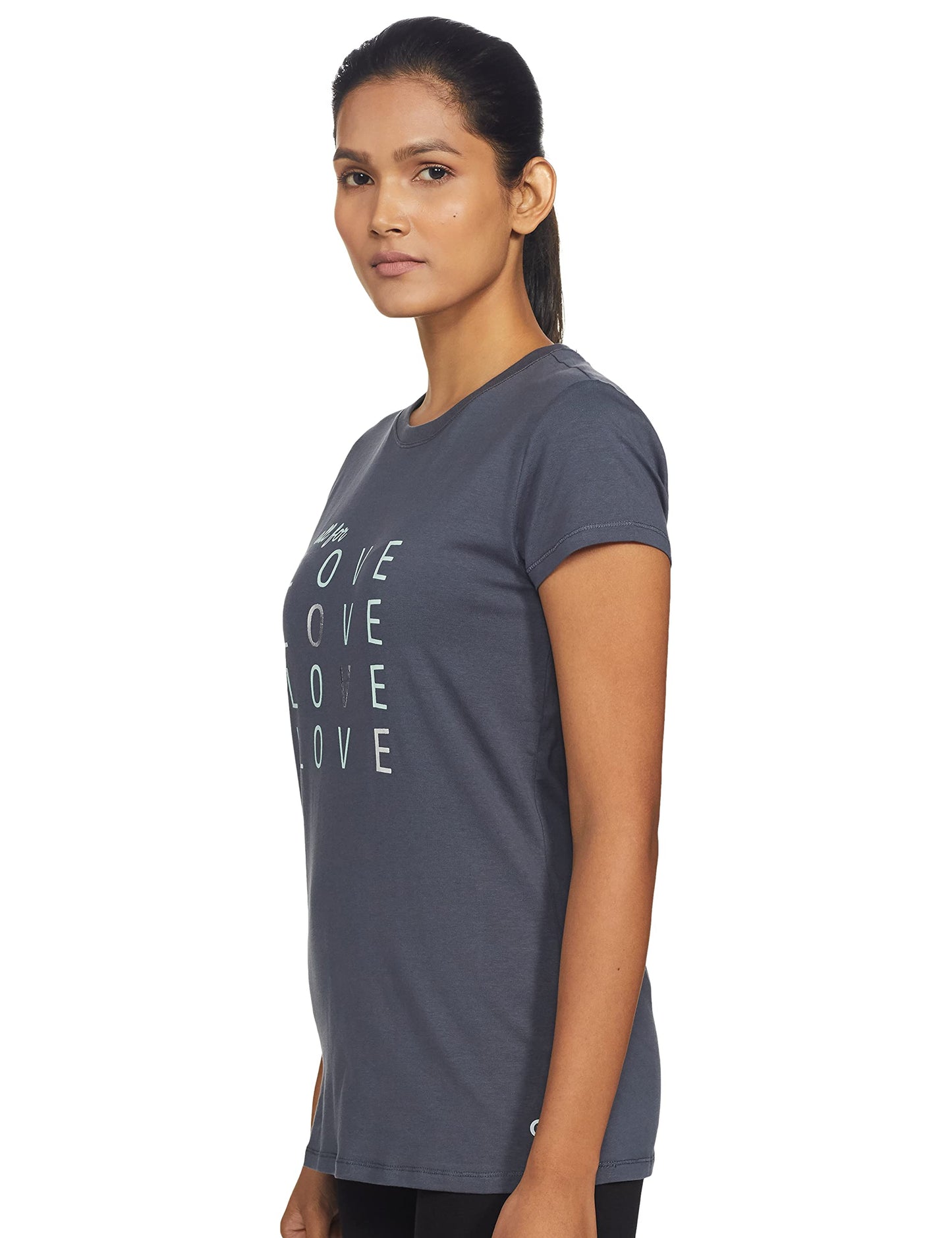 Enamor Essentials Womens Short Sleeve Crew Neck Slim Fit Breathable Stretch Cotton Tee With Graphic - E147(E147-Blue Night W/ A