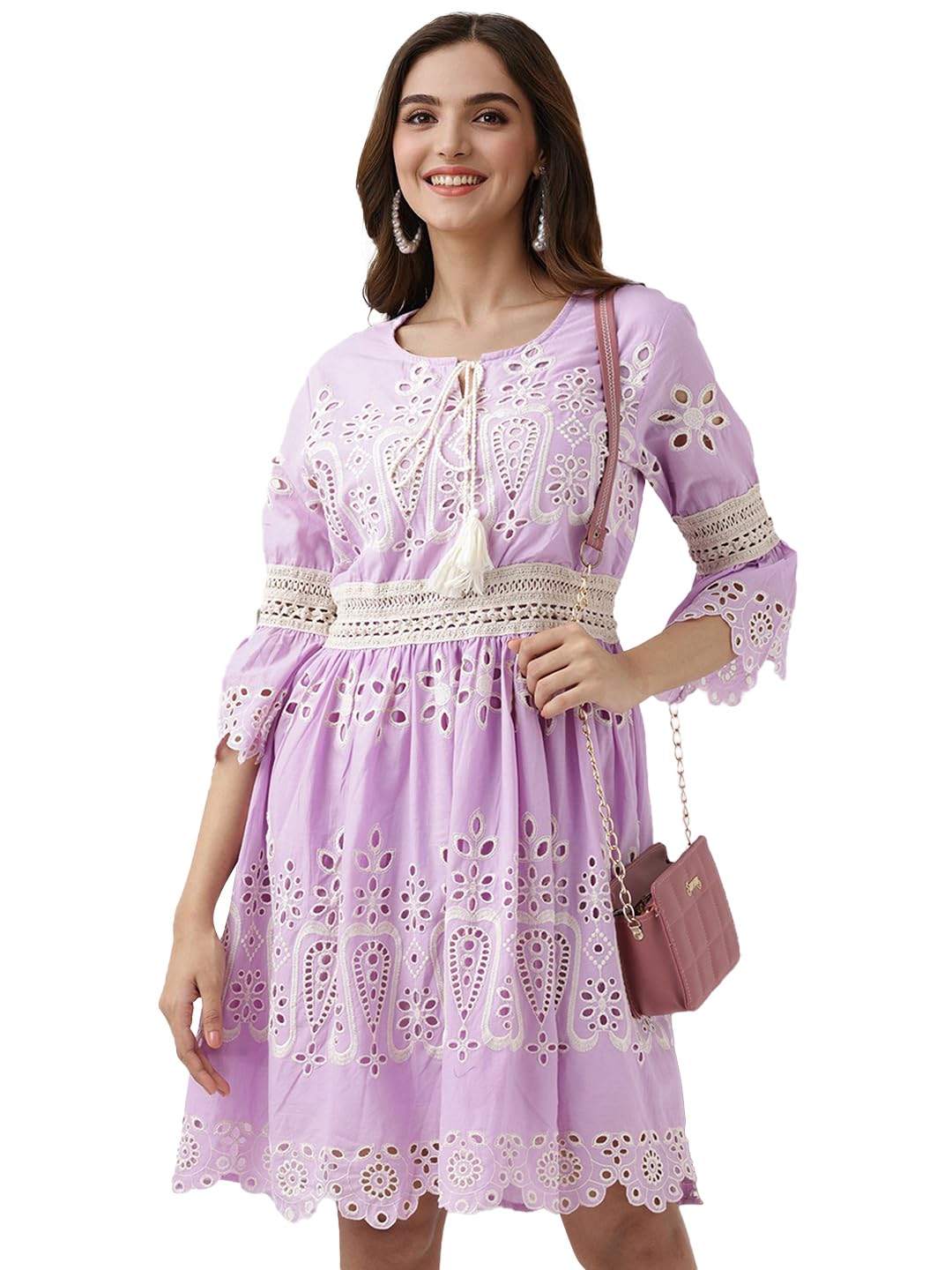 Ishin Schiffli Pure Cotton A-Line Dress Lilac