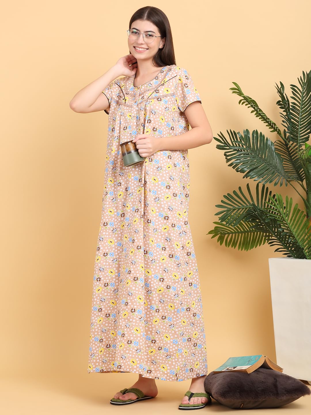 Sweet Dreams Women Printed Night Dress Beige