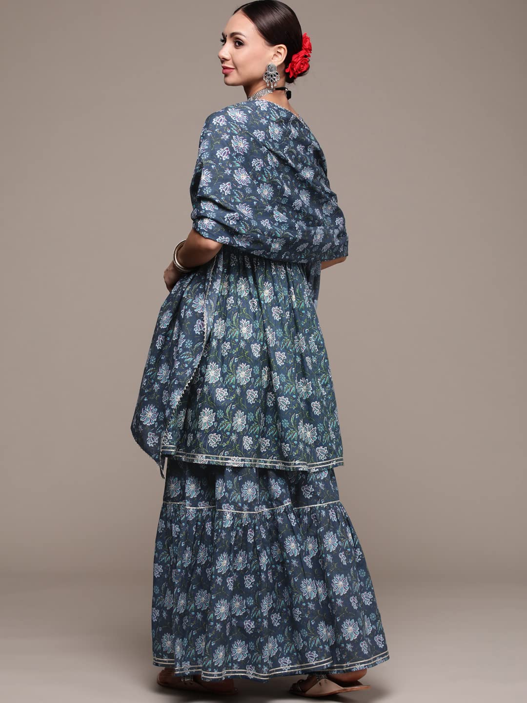 anubhutee Women's Cotton Navy Blue Floral Printed A-Line Kurta Suit Set with Sharara and Dupatta