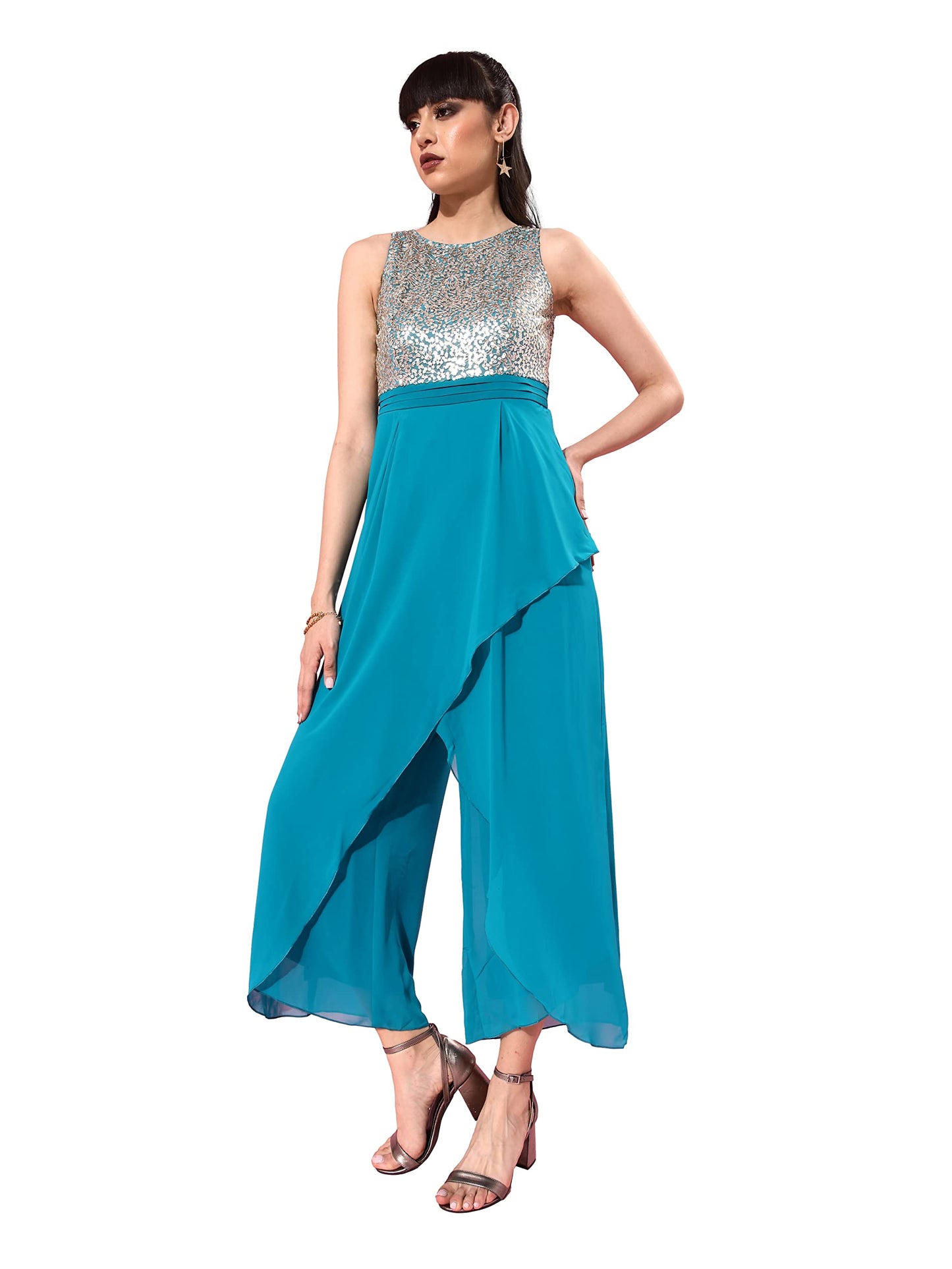 Miss Chase WomenS Turquoise Round Neck Sleeveless Embellished Layered Regular Jumpsuit (Mcss21D14-71-33-06, Turquoise, Xl)