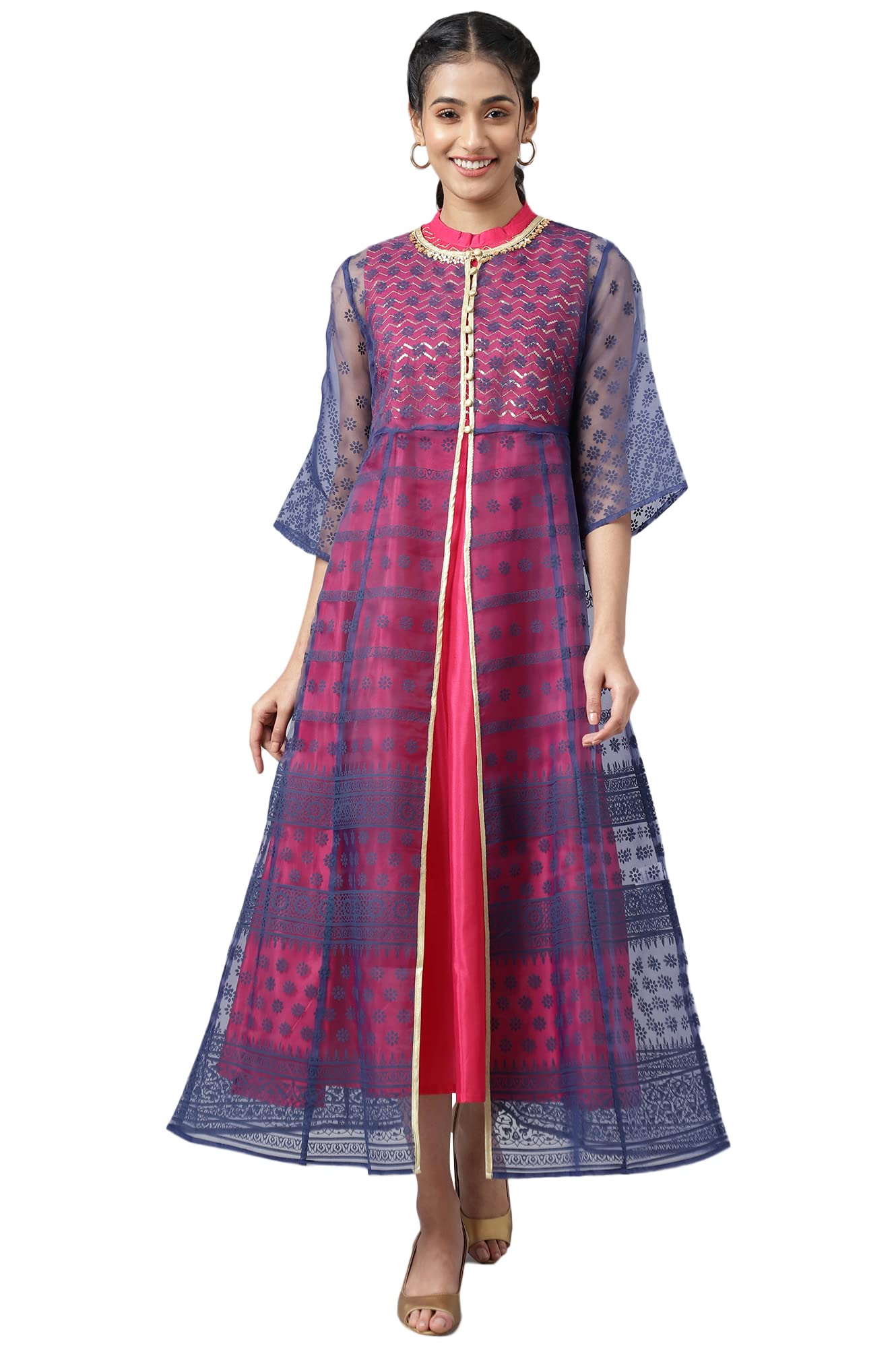 Aurelia Women's Dark Blue A-Line Floral Printed Gilet With Embroidered Inner Kurta_22AUD10435-503229_XXL