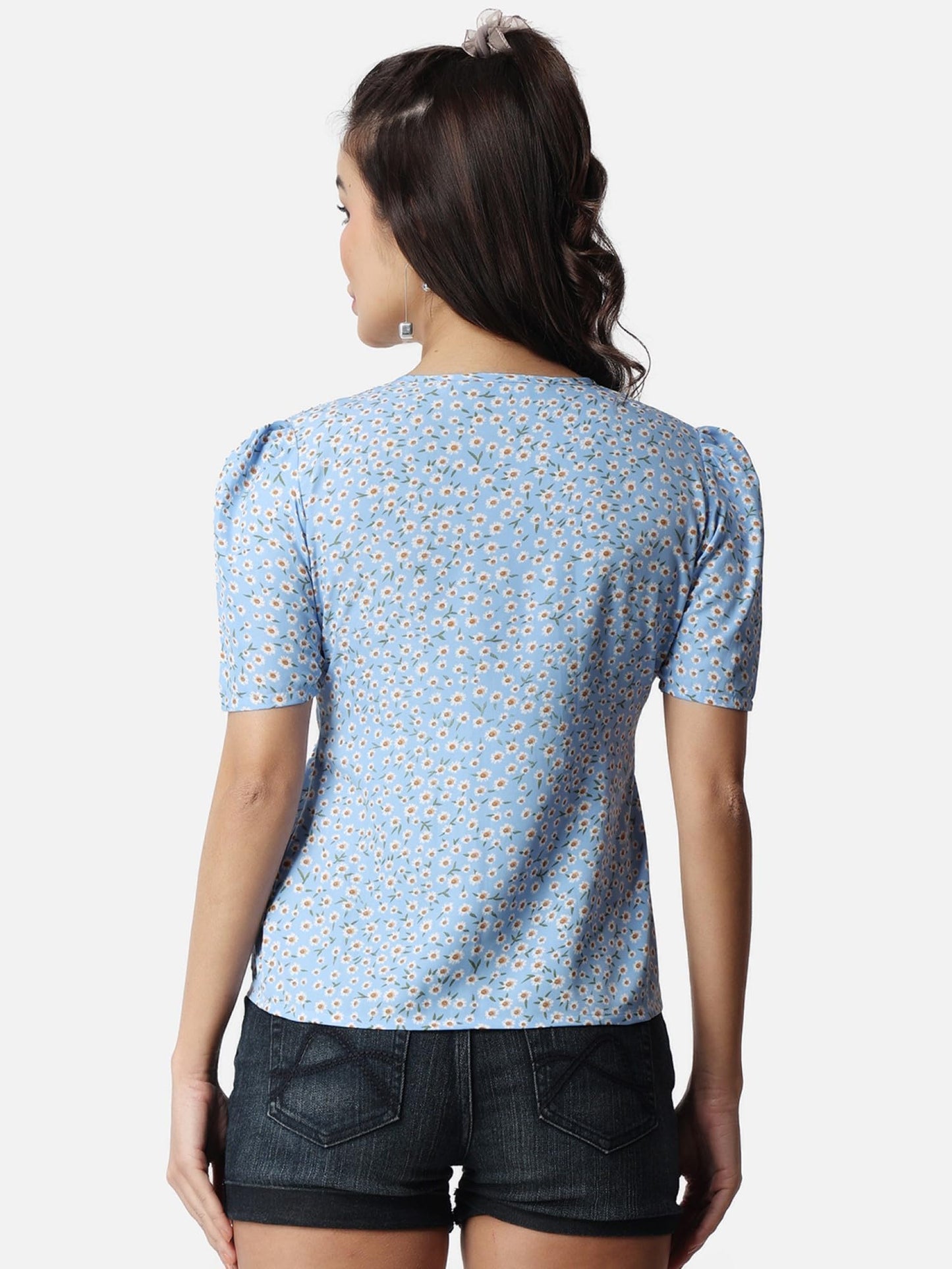POPWINGS Casual Printed Puff Sleeves Round Neck Top for Women || Stylish Latest Summer Tops for Women || Hip-Length Women Top Li