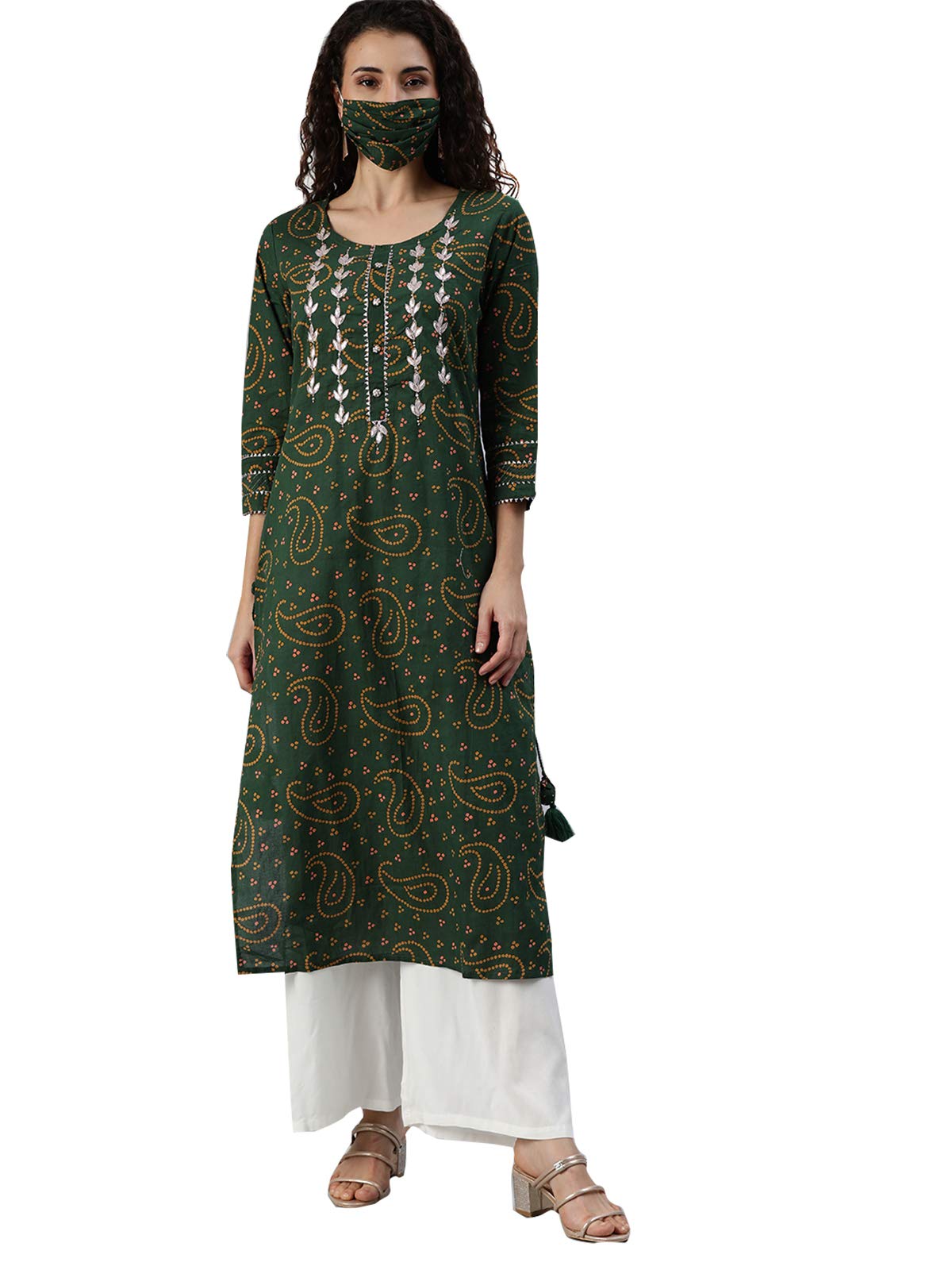 ishin Women's Cotton A-Line Embellished Gotta Patti Bandhani Print Green Kurti