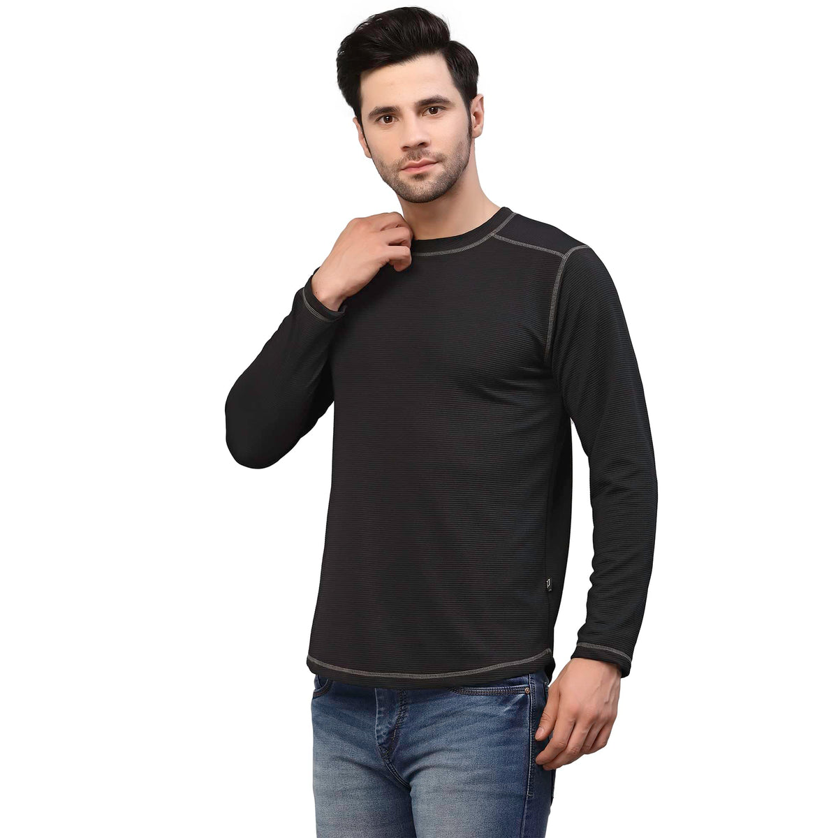 Rigo Men Black Poly Corduroy T-Shirt