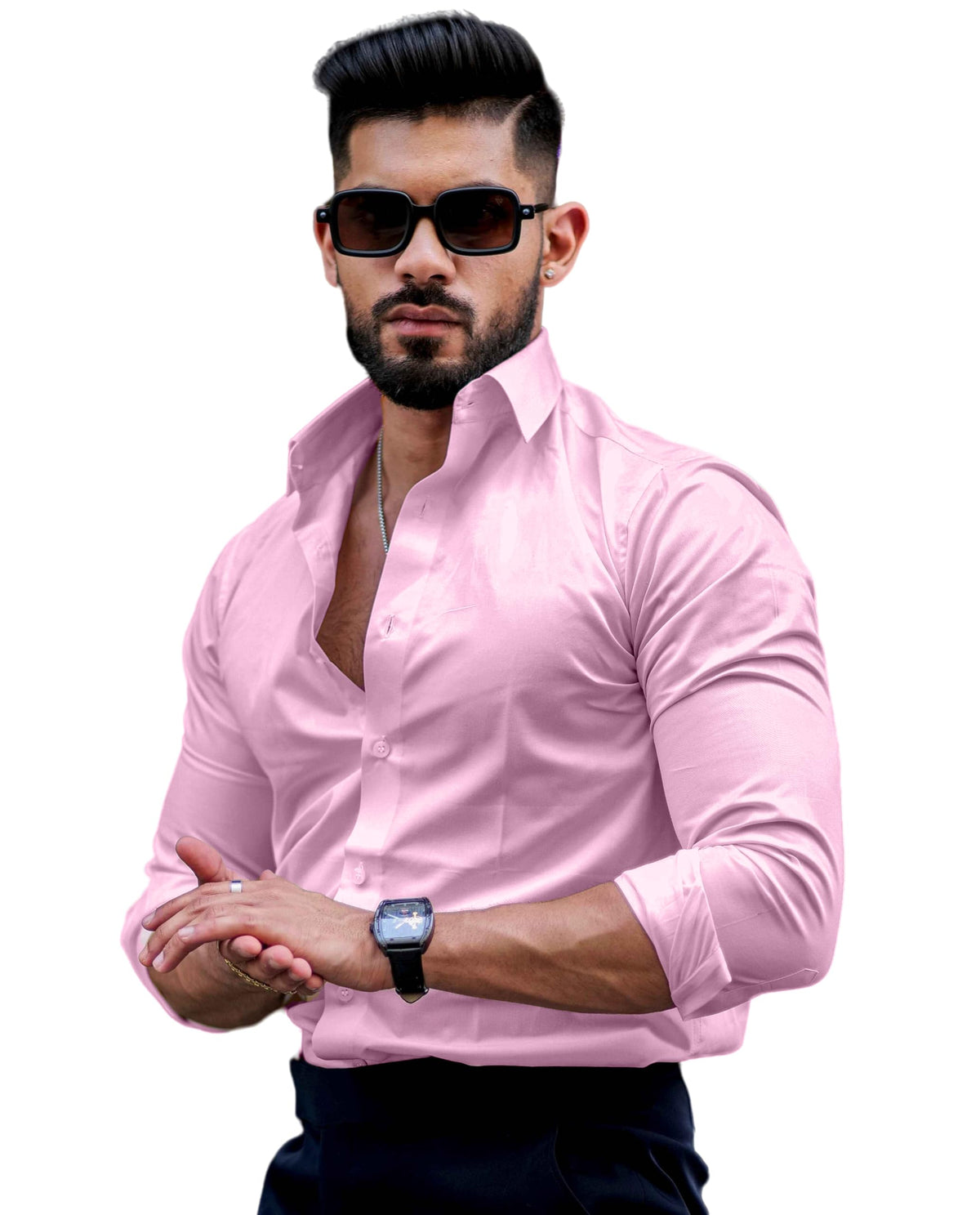 Indoprimo MenS Casual Solid Satin Shirt For Men Full Sleeves Baby Pink