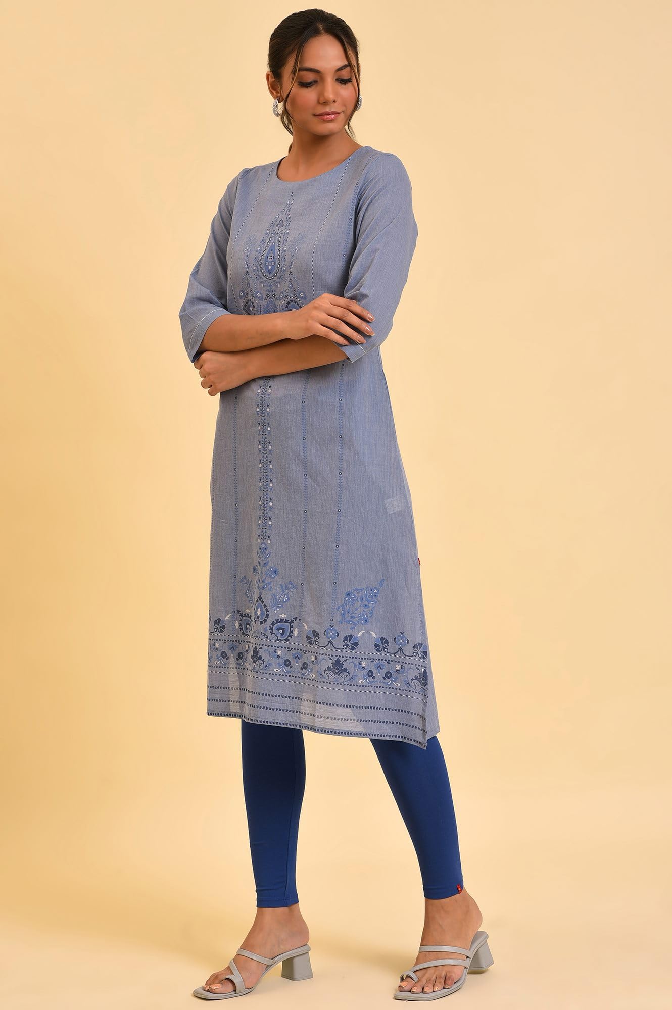 W For Woman WomenS Cotton Floral Regular Kurta (23Few19282-120856_Denim Blue