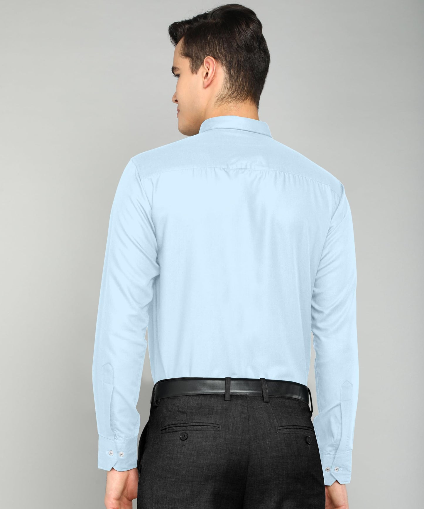 Mildin MenS Regular Cotton Blend Light Blue Slim Fit Solid Button Down Spread Collar Full Sleeve Curved Hemline Formal Shirt Wi