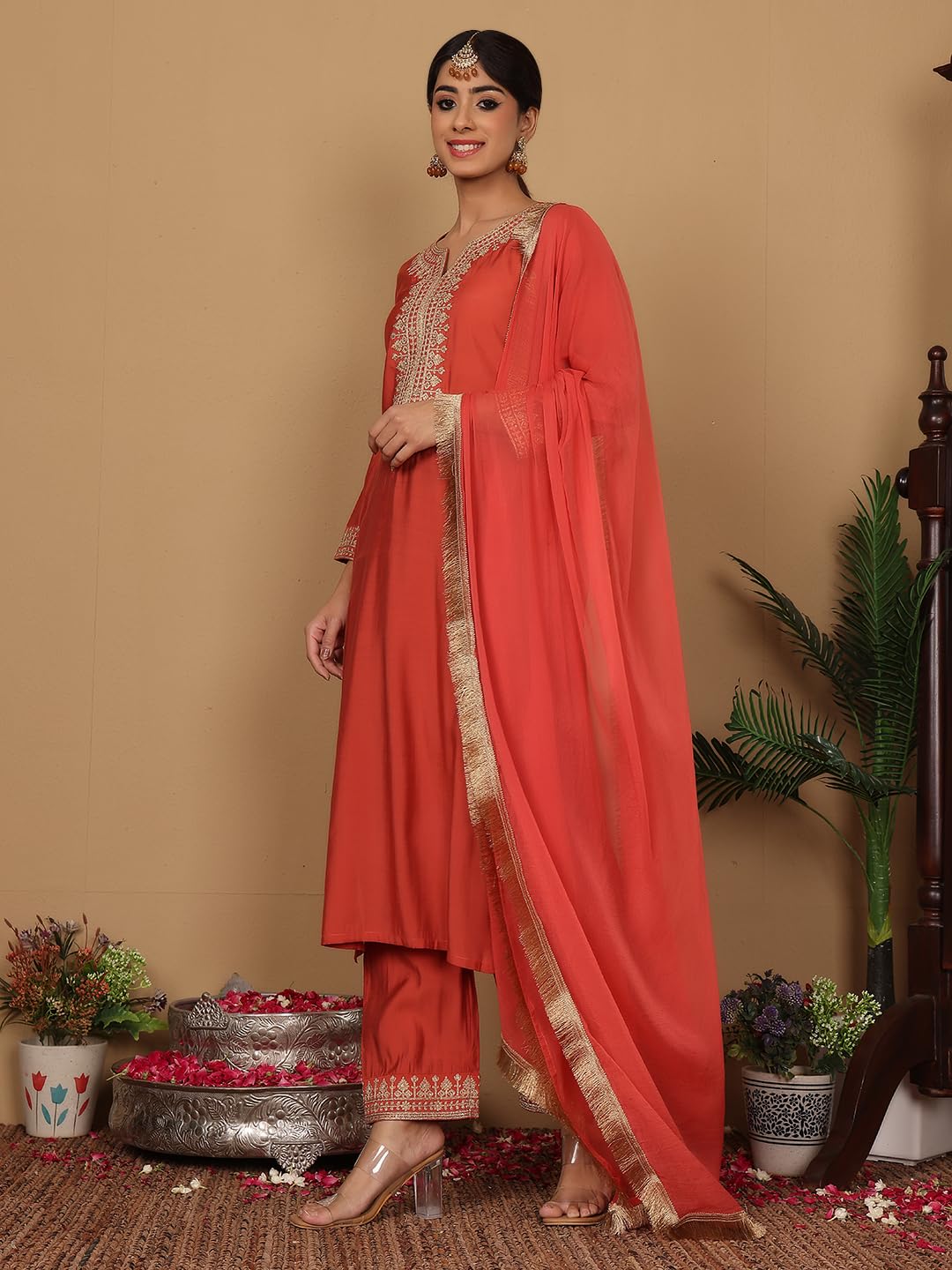 Varanga Women Silk Red Zari Embroidered Kurta with Bottom and Dupatta