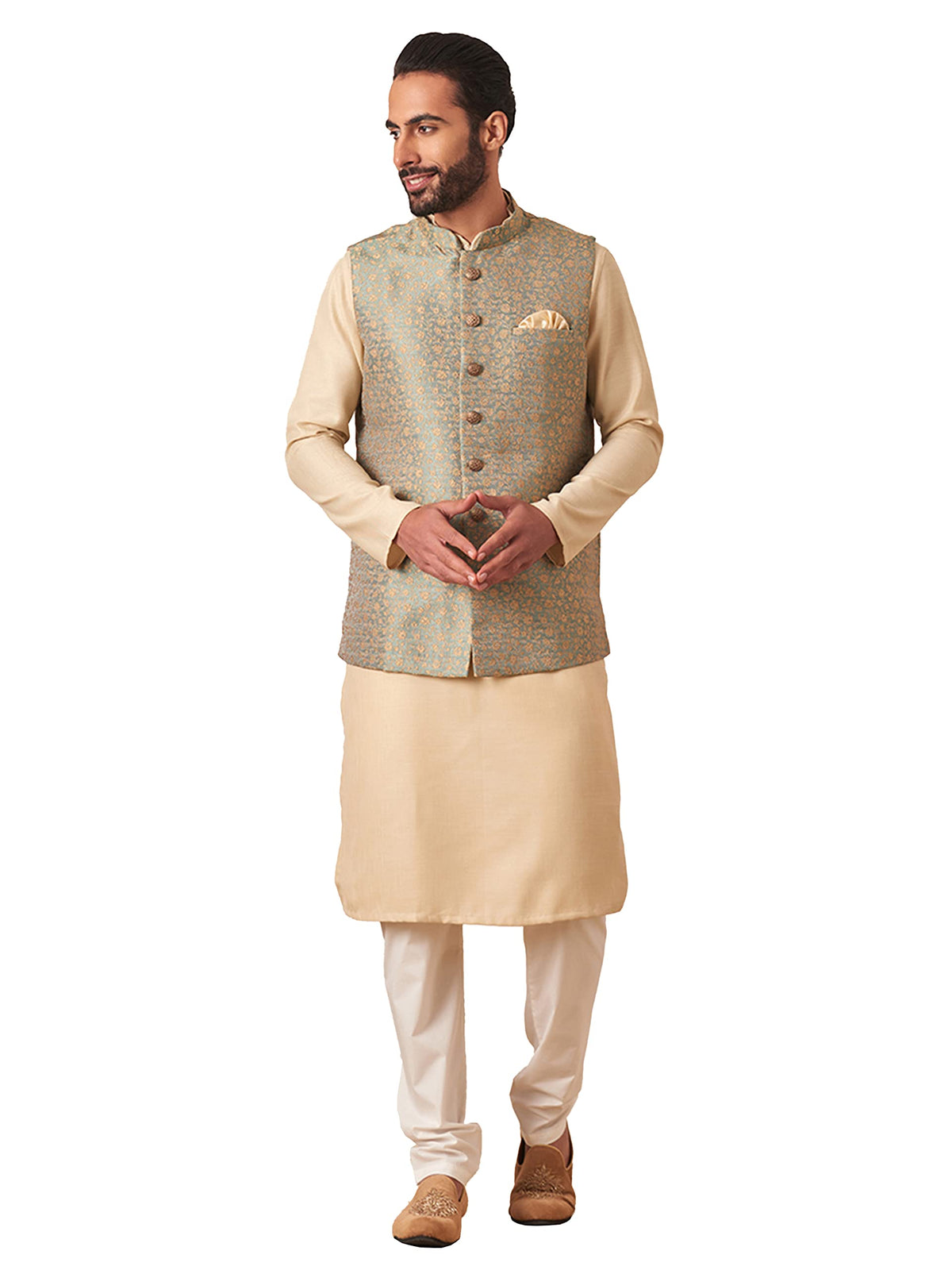 Manyavar Mens Jacket, Nehru Jacket For Men, Ethnic Jacket For Festival, Wedding, Party Sleevless Jacketsprinted Brocade (Green,