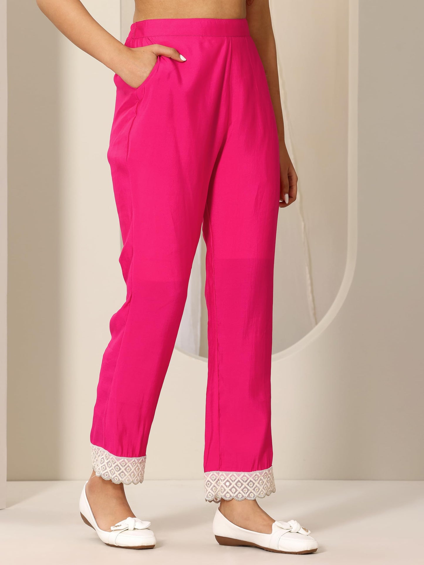 Pink Floral Printed Panelled Anarkali Kurta With Solid Trouser And Chiffon Dupatta