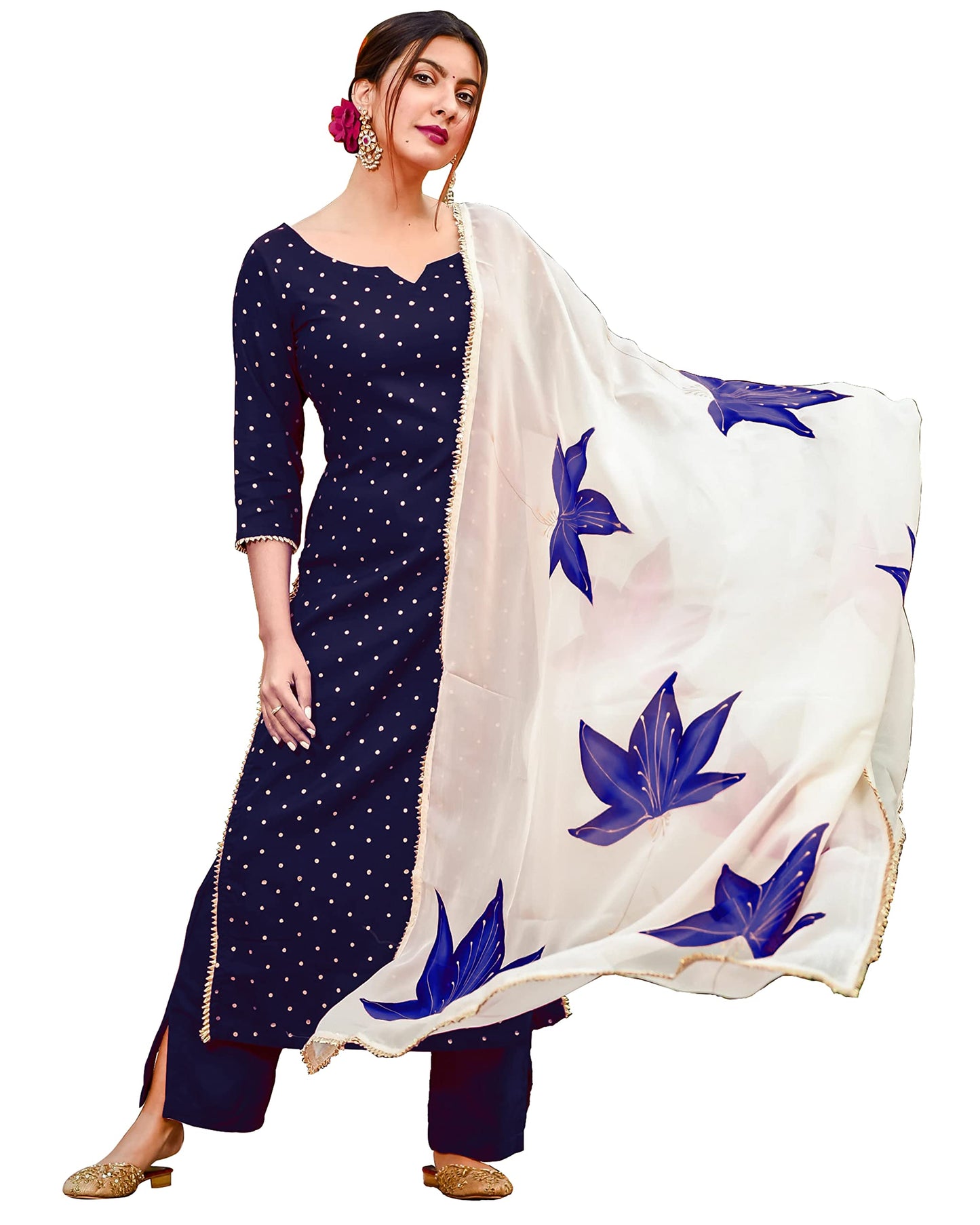 GoSriKi Women's Cotton Blend Floral Printed Straight Kurta with Palazzos & with Dupatta (Rayon-Blue-18-GS)