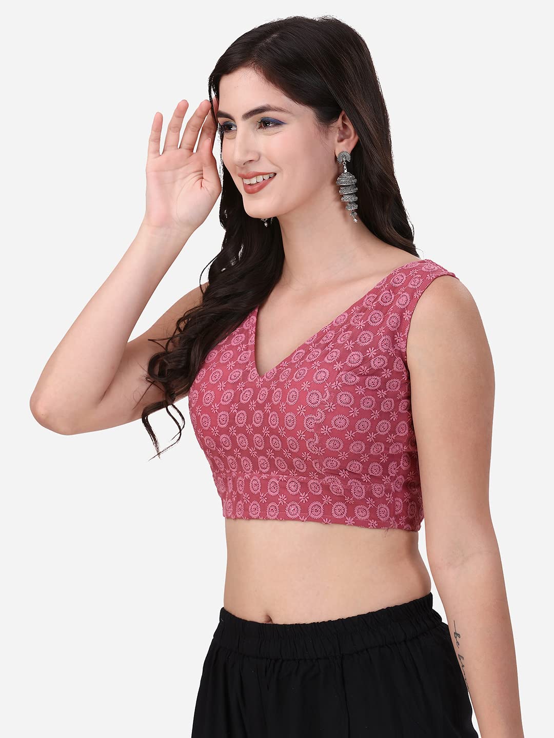 OOMPH! Womens Indian Ethnic Wear Designer Round Leaf Pattern V Neck Sleeveless Cotton Pink Blouse for Saree or Lehnga and Blous