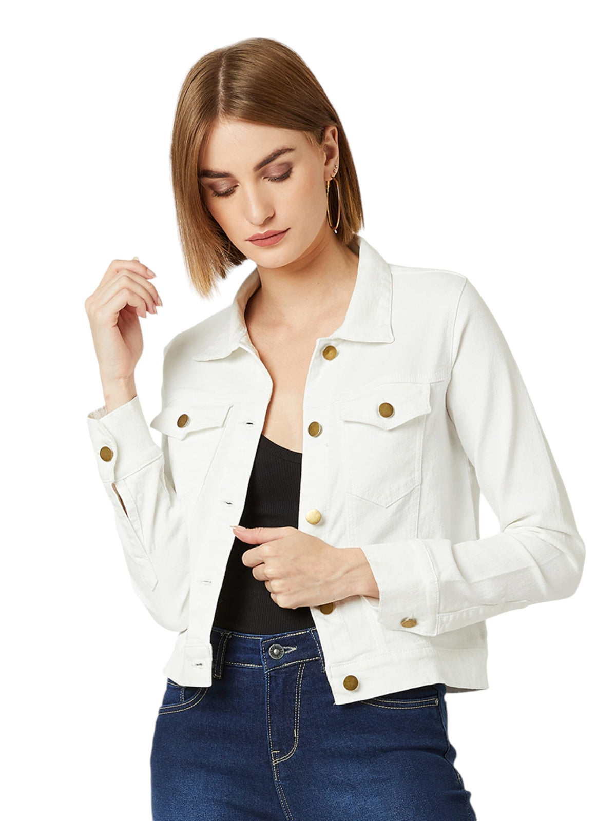 Miss Chase Womens Polo Neck Full Sleeves Denim Cropped Jacket (MCAW19DEN05-56-333-06, Pearl White, XL)