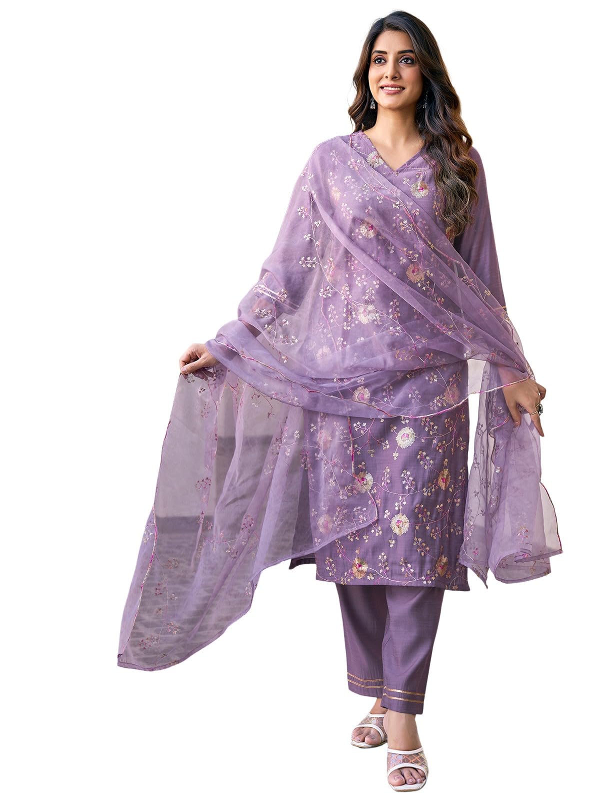 Sanisa Women's Silk Blend Sequence and Embroidery Work Straight Kurta with Pant and Dupatta Set
