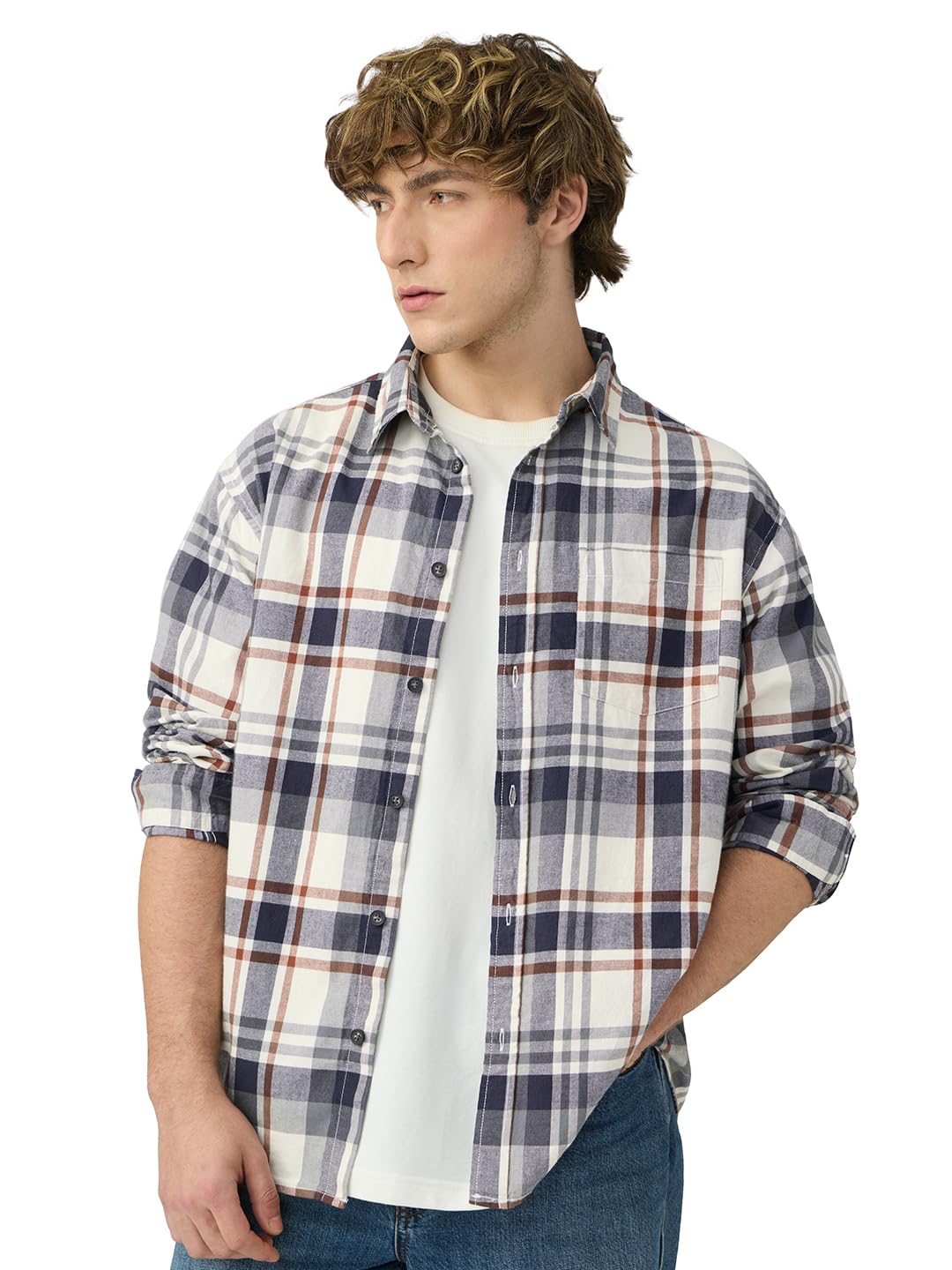 The Souled Store Plaid: Blue, White, Red Men and Boys Long Sleeves Collared Neck Button Front Cotton Relaxed Shirts