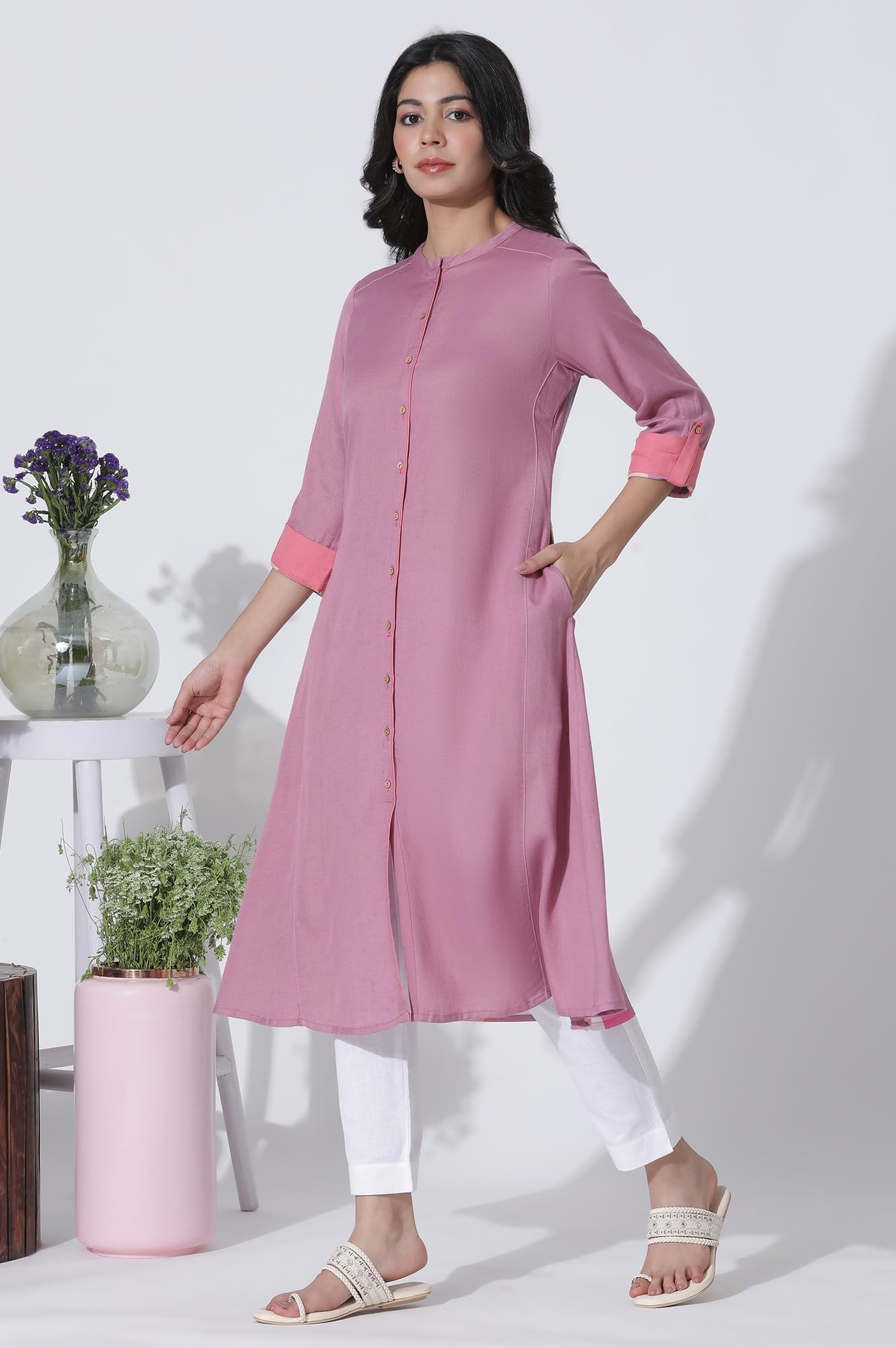 W for Woman Pink Flared Kurta with Printed Back and Pants Set