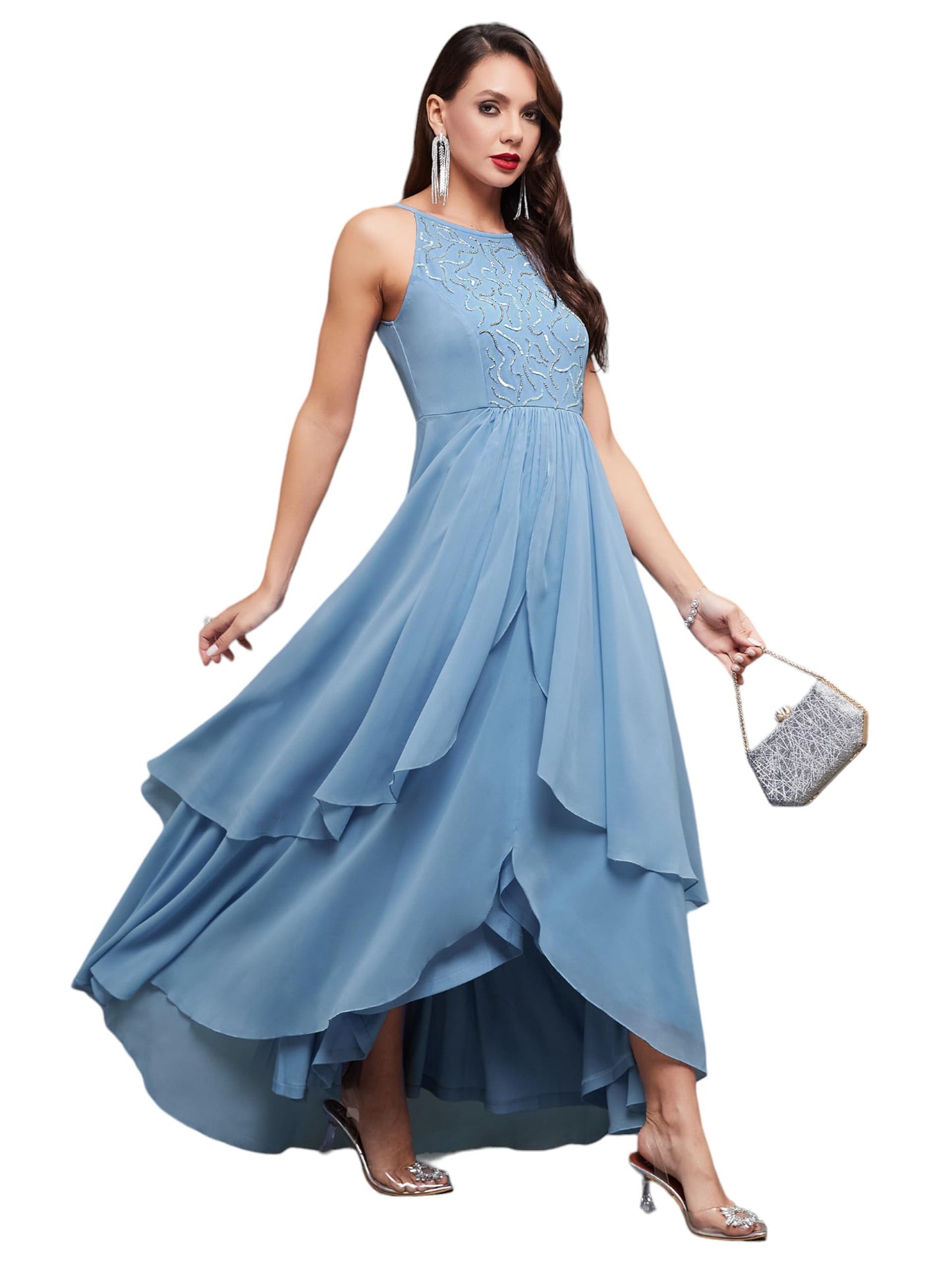Miss Chase WomenS Halter-Neck Sleeveless Embroidelayegeorgette Maxi Dress (Mcaw22D99-88-842-02, Snow Blue, Xs)