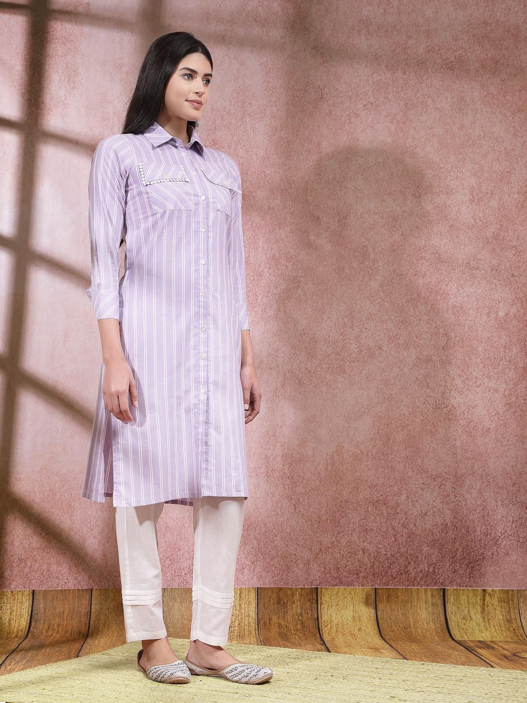 Stylum Women's Woven Striped Cotton Blend Straight Kurta (CLASSYLAVENDER_Lavender)