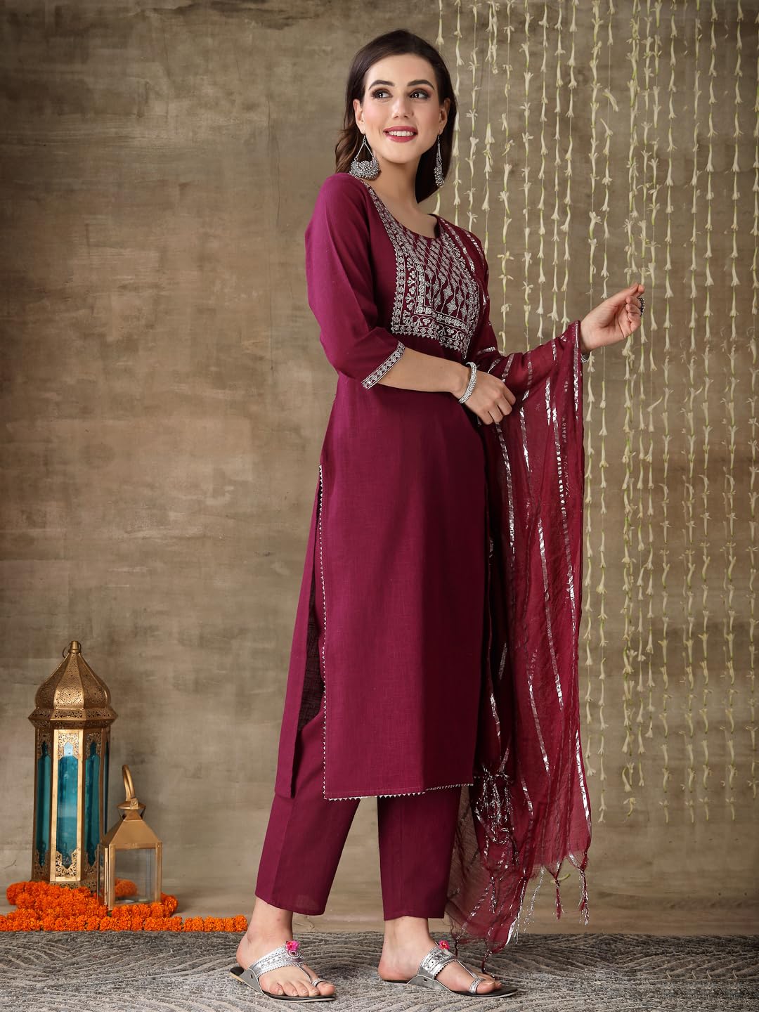 Stylum Women's Embroidered Cotton Straight Kurta Pant Dupatta Set (KPDWINELILA_Wine)