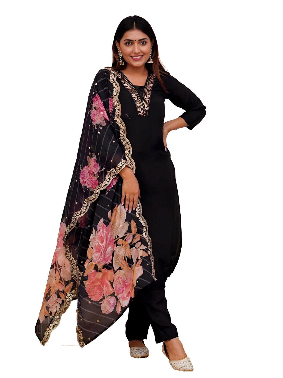 Lookmark WomenS Print & Embroidered Straight Cotton Blend Stitched Kurta Pant With Dupatta | Kurta Sets For Woman | Kurti Pant