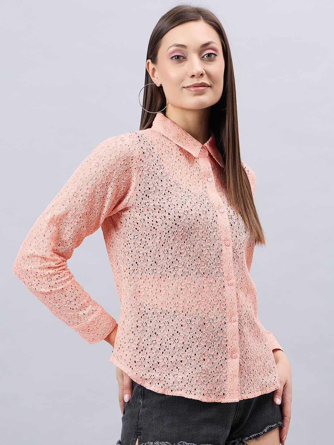 Style Quotient Women Self Design Nude Lace Regular Shirt