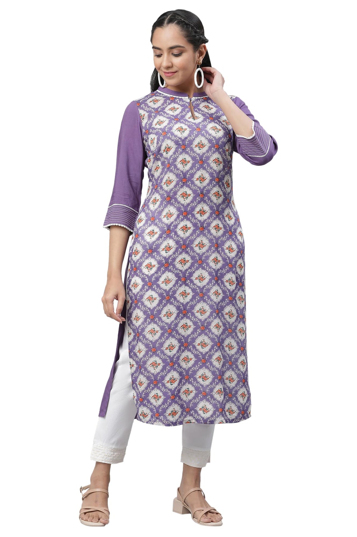 Aurelia Purple Floral Printed Printed Lace Straight Long Kurta