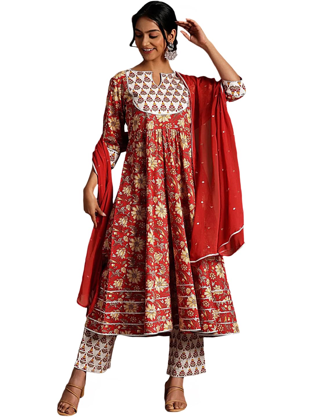 Pinkmint Womens Elegant Floral Anarkali Muslin Kurta Set& Straight Pant with Fancy Dupatta Fetive & Ethnic Suit Set Wear Red