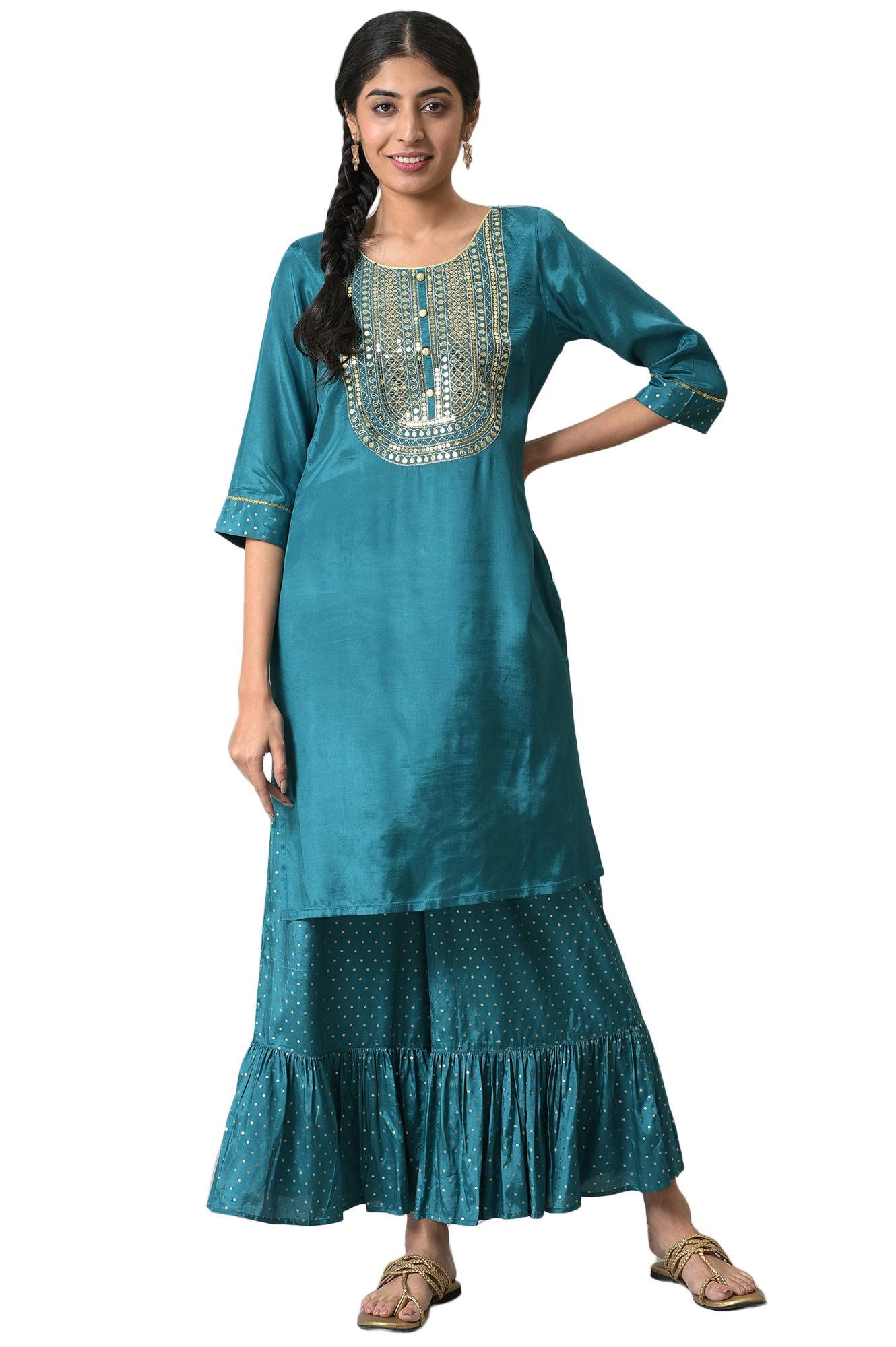 Aurelia Women Green Shantung Liva Kurta With Gathered Sharara_22Auas13518-604762_L