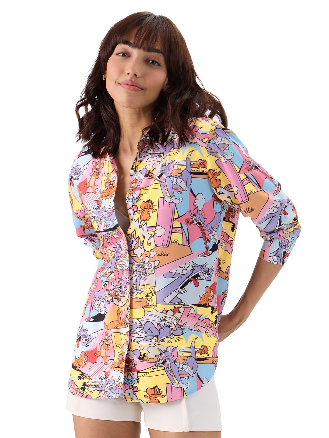 The Souled Store Official Tom & Jerry: High Energy Women and Girls Long Sleeve Button Front Collared Neck All Over Print Regular
