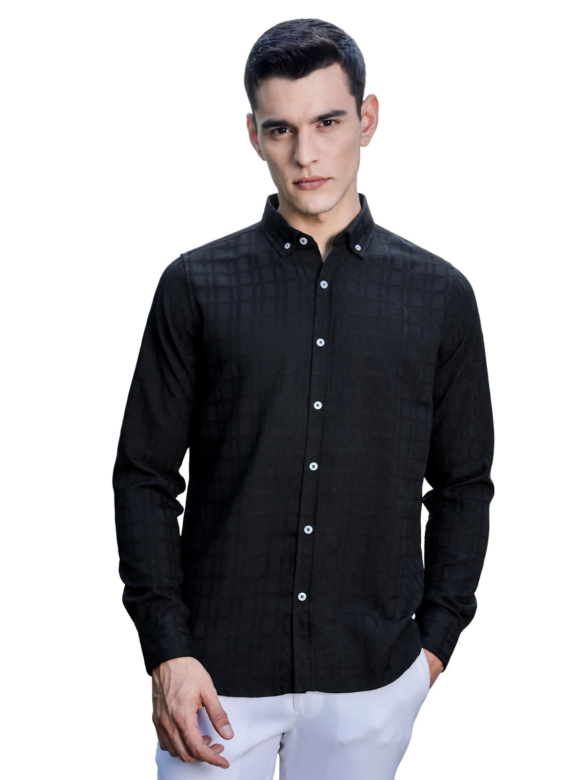 Thomas Scott Mens | Self Designed | Full Sleeves | Solid | Button Down Collar | Slim Fit | Polyster Blend | Shirt | (TS1718_Bla
