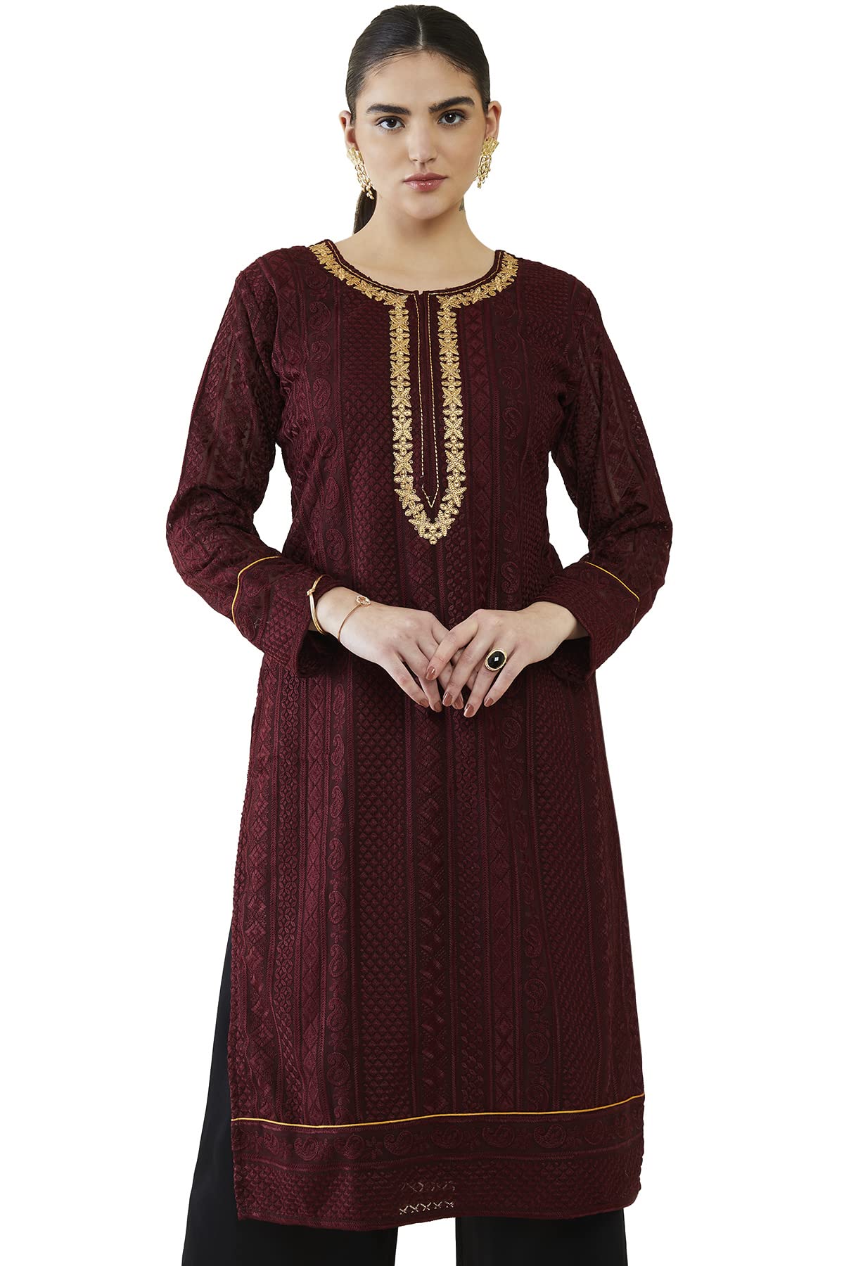 Soch Women Maroon Georgette Embroidered Kurta