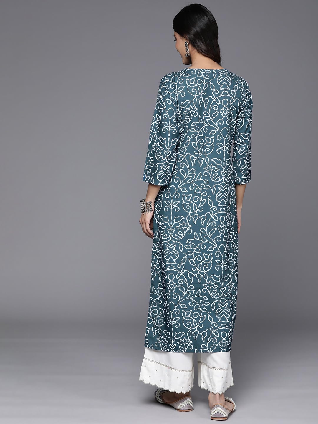 Blue Bandhani Printed, Three Quarter Sleeve, Round Neck With Drawstring, Embellished With Gotta, Side Slit Straight Kurta